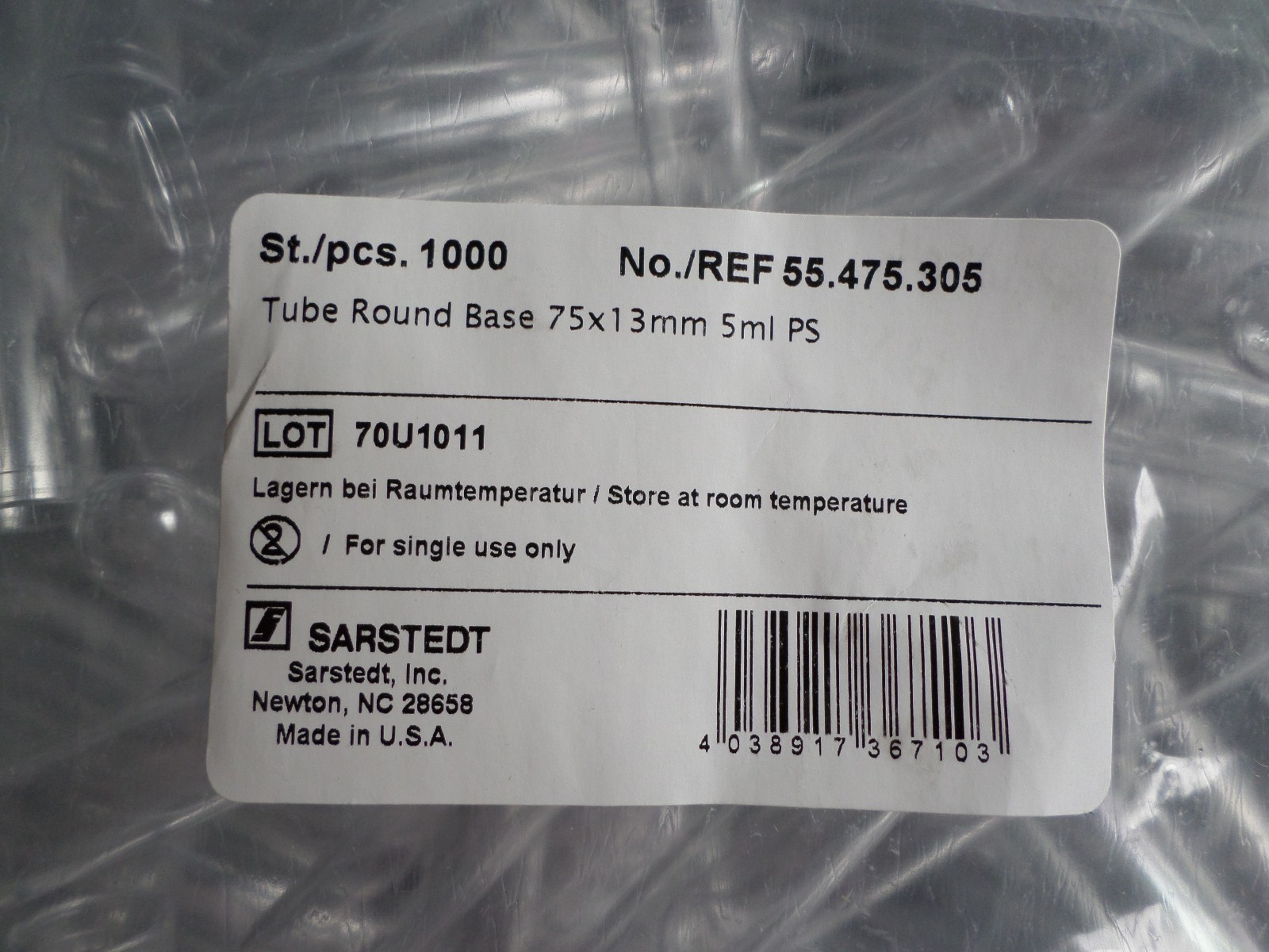 (1000) Sarstedt Test Tubes Round Base 75 x 13mm, 5mL PS, 55-475-305