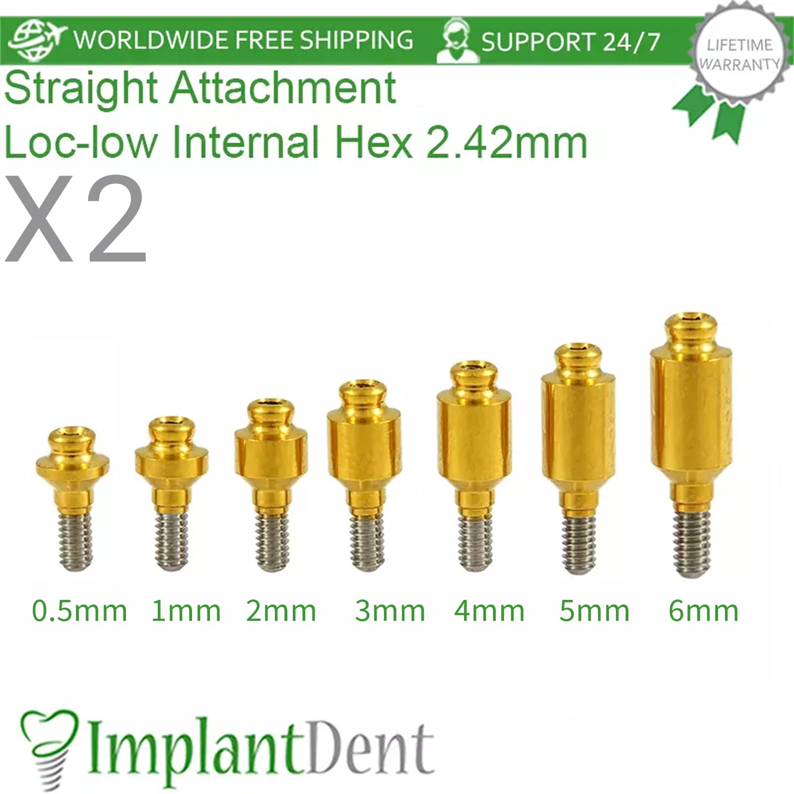 2x Dental Straight Loc-Low Attachment Prosthetic Int Hex 2.42mm