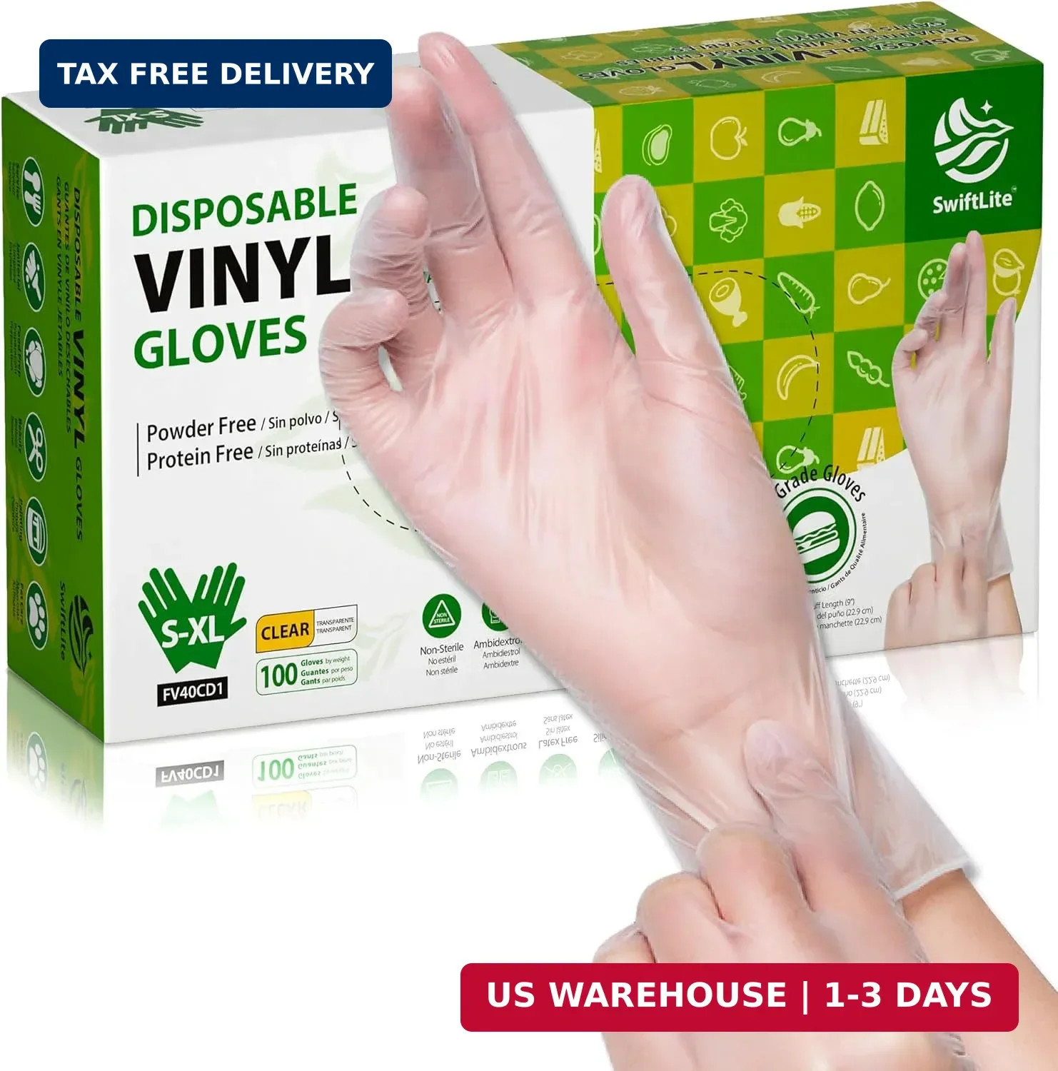 SWIFTLITE Disposable Vinyl Gloves, Food Safe, Latex-Free Powder-Free Clear Plast