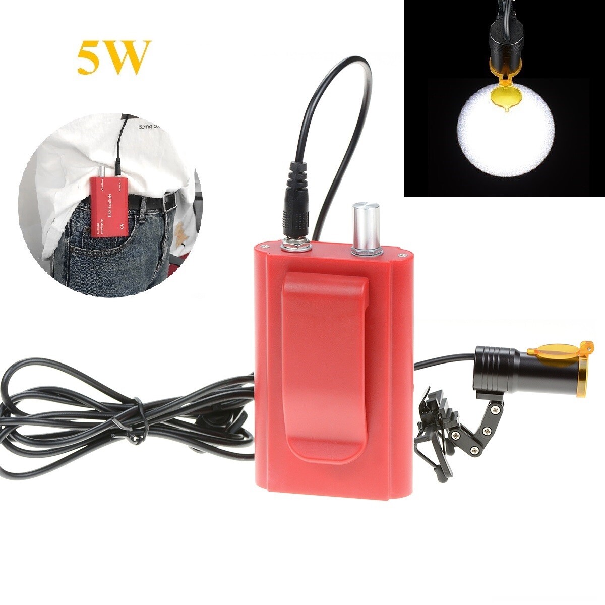 5W LED Dental Headlight with Belt Clip and Optical Fitler Metal Clip Type Red US