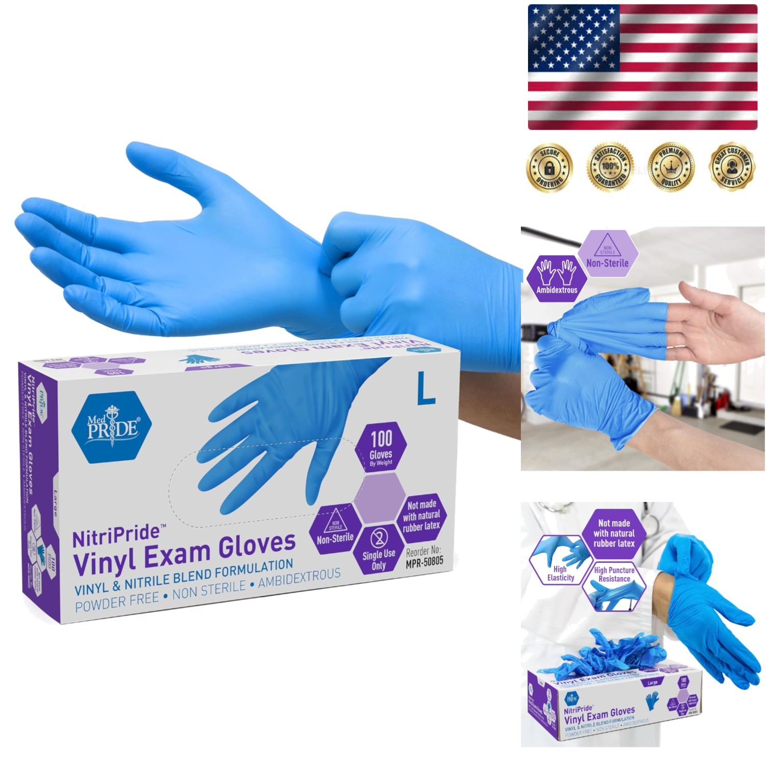 Blue Nitrile/Vinyl Blend Exam Gloves – Powder-Free, Latex-Free, Large 100 Count