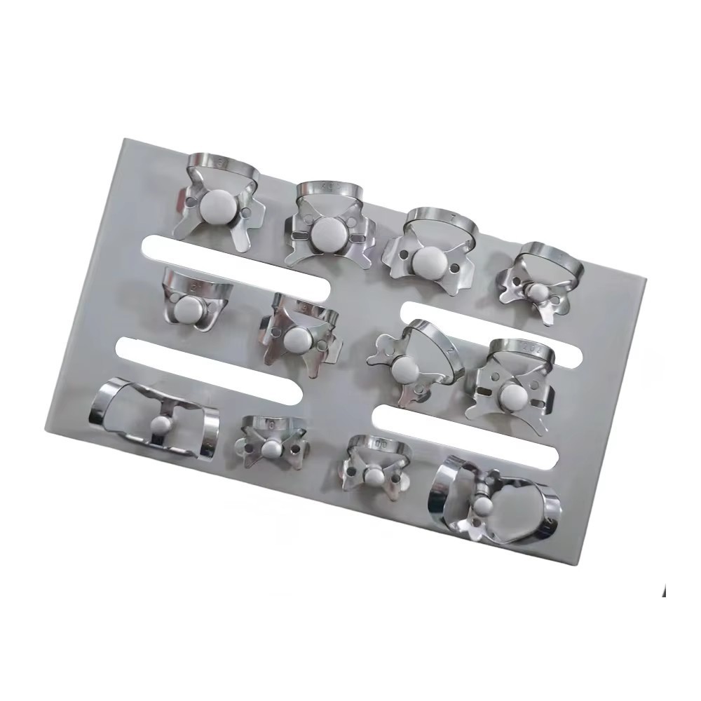 Dental Surgical Rubber Dam Clamp Blue/Sliver Instruments Endo With Tray Holder
