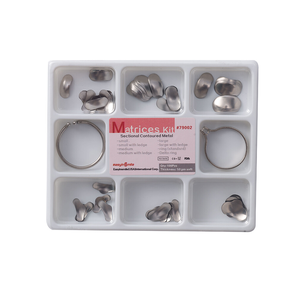 100Pcs Dental Sectional Contoured Metal Matrice Matrix 50μm Thickness+2Rings Kit