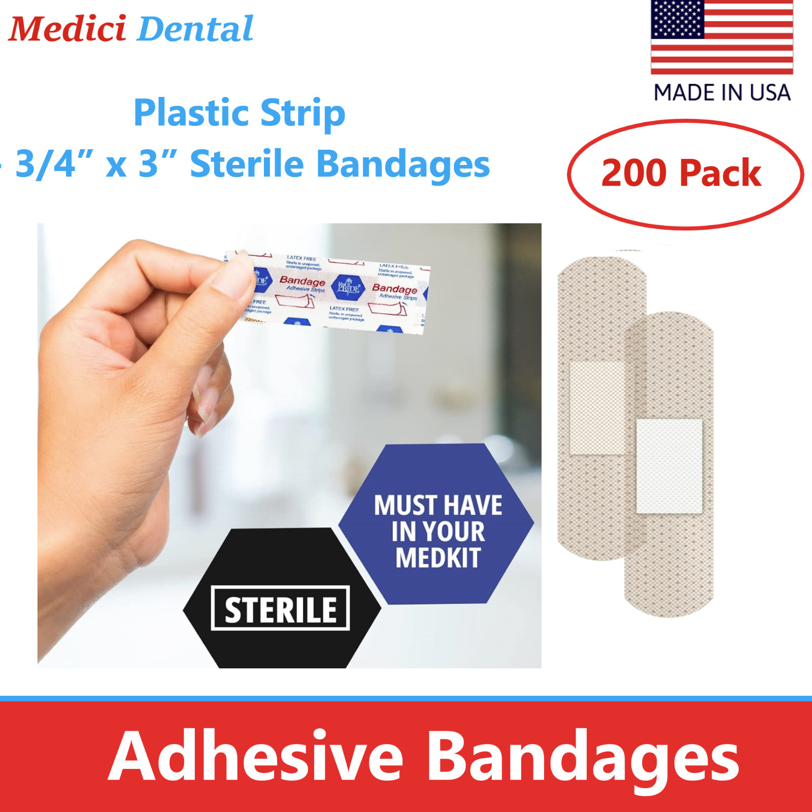 200/bx Dental Medical Adhesive Bandaid Bandage Strips, ¾» x 1.5″, SHEER Bandages
