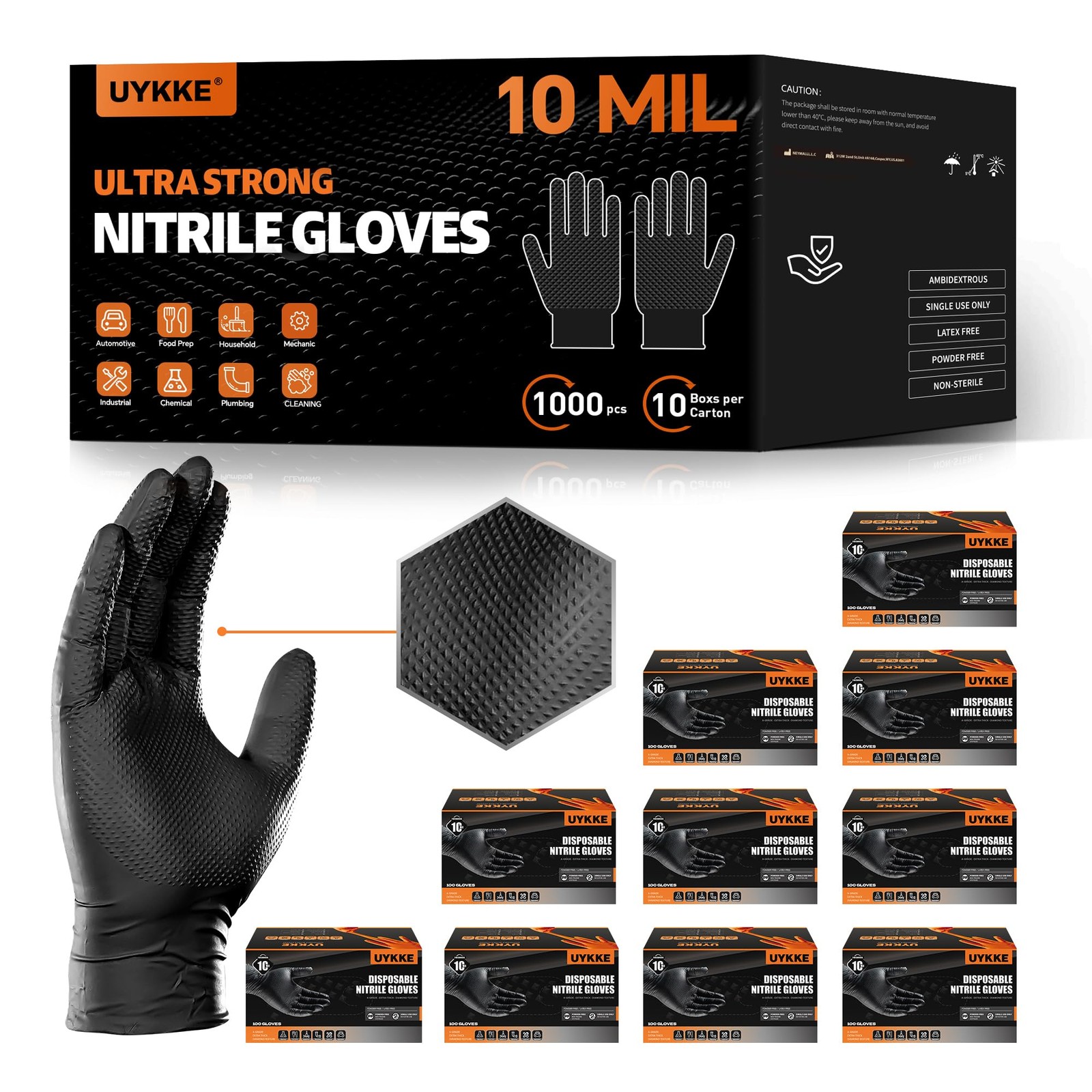UYKKE 10mil Nitrile Gloves Thick,Industrial Disposable X-Large, Black-1000pcs