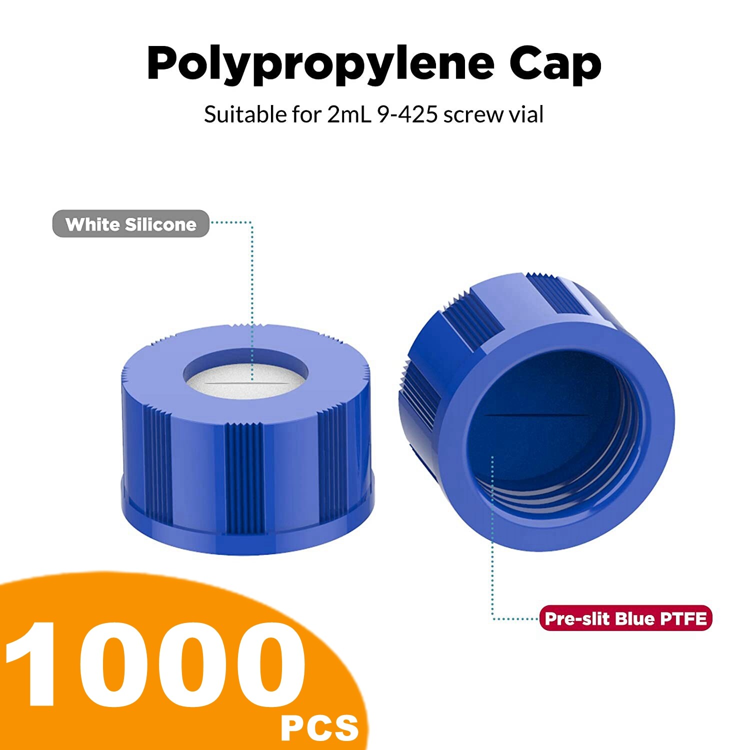 1000x 9-425 Screw Thread Vial Caps 9mm PTFE/Silicone Septa for Autosampler HPLC