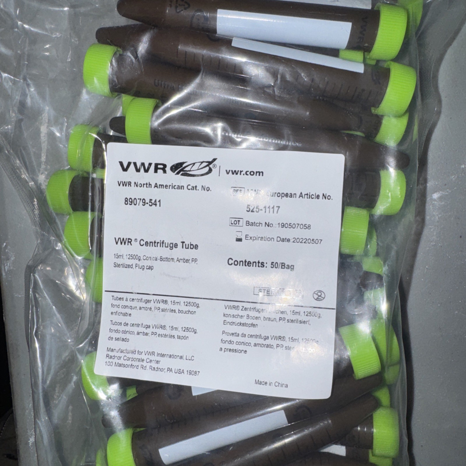 [New, Sealed] VWR Amber Centrifuge Conical Tube 15 ml Pack of 50 Tubes