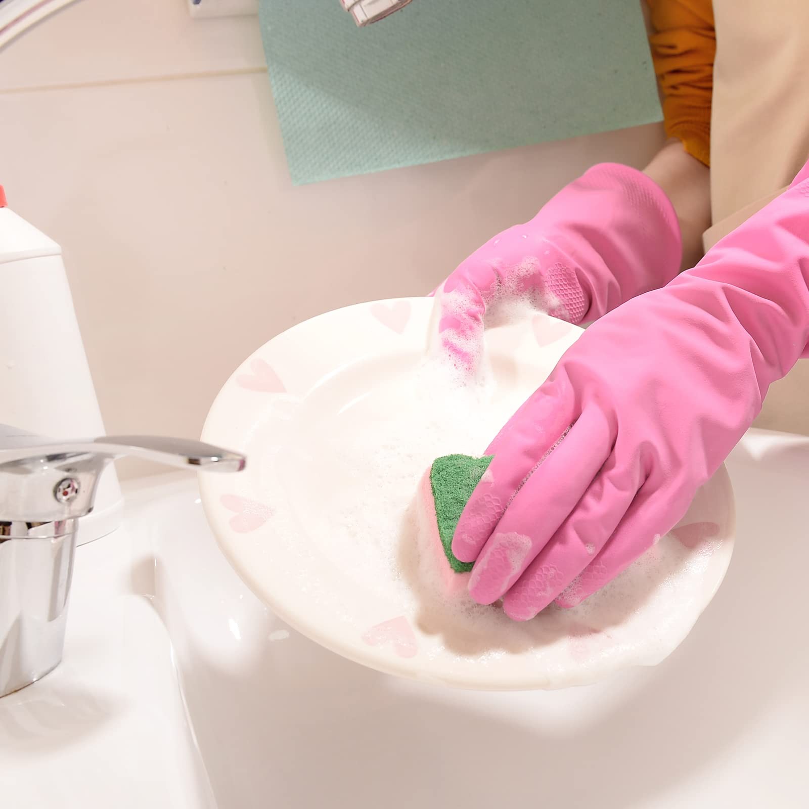 Reusable Rubber Kitchen Dishwashing Gloves, 4 Pairs, Long~Sleeve, Non~Slip