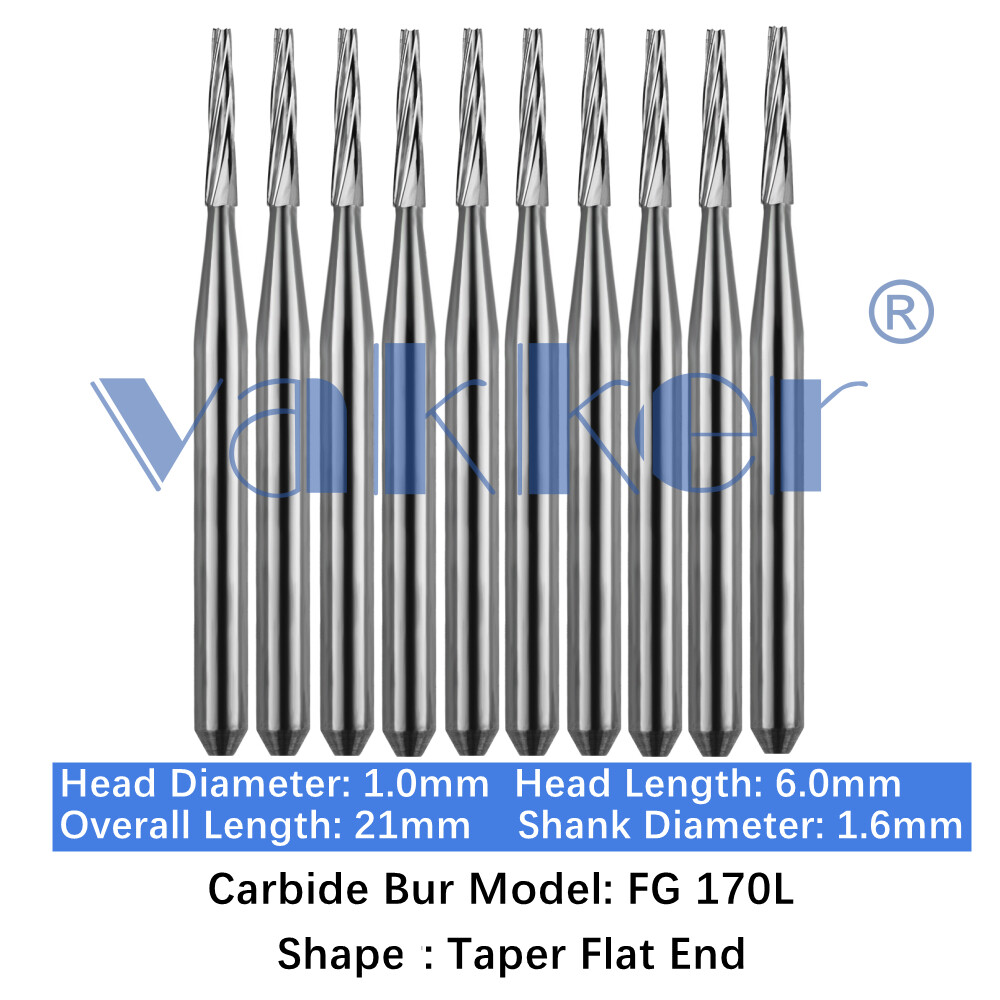 Vakker 10pc Dental Carbide Burs Long Shank FG 170L Friction Grip Taper Flat End