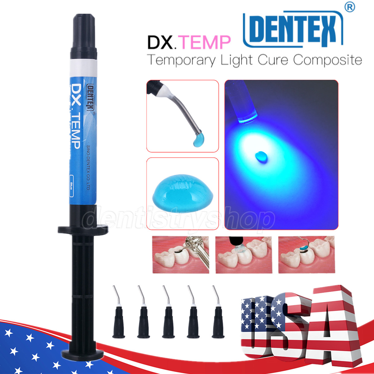 Dentex Dental Temporary Flow Light Cure Filling Composite Material Resin Blue US