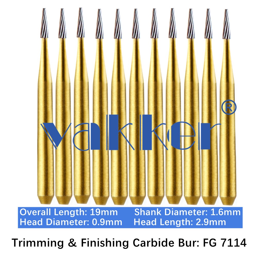 10-100pcs Vakker Dental Trimming Finishing Carbide Burs Gold Taper Burs FG 7114