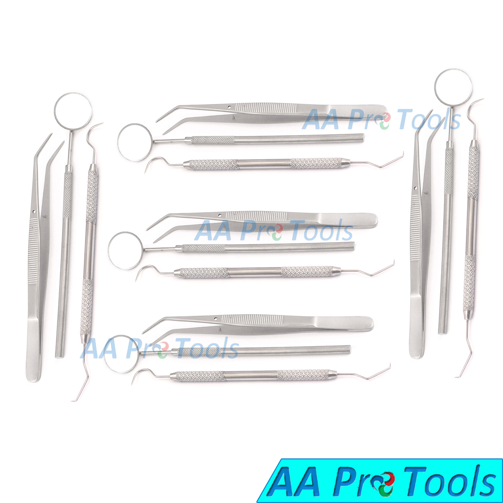 15 Pcs Basic Dental Set – Explorer Probe, Dental Mirror, College Cotton Pliers