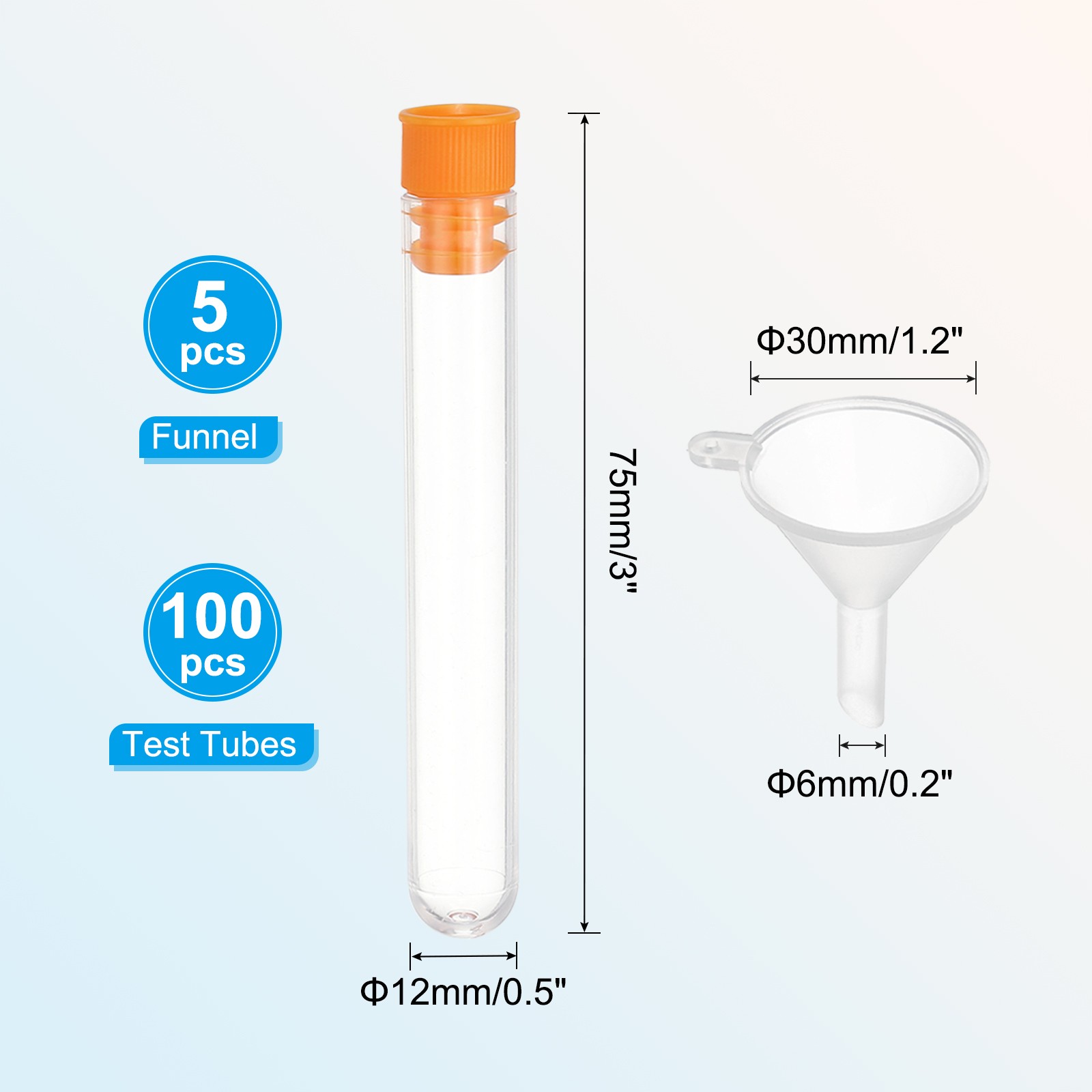 100Pcs 75x12mm Plastic Test Tubes with Stopper and Funnel, Orange