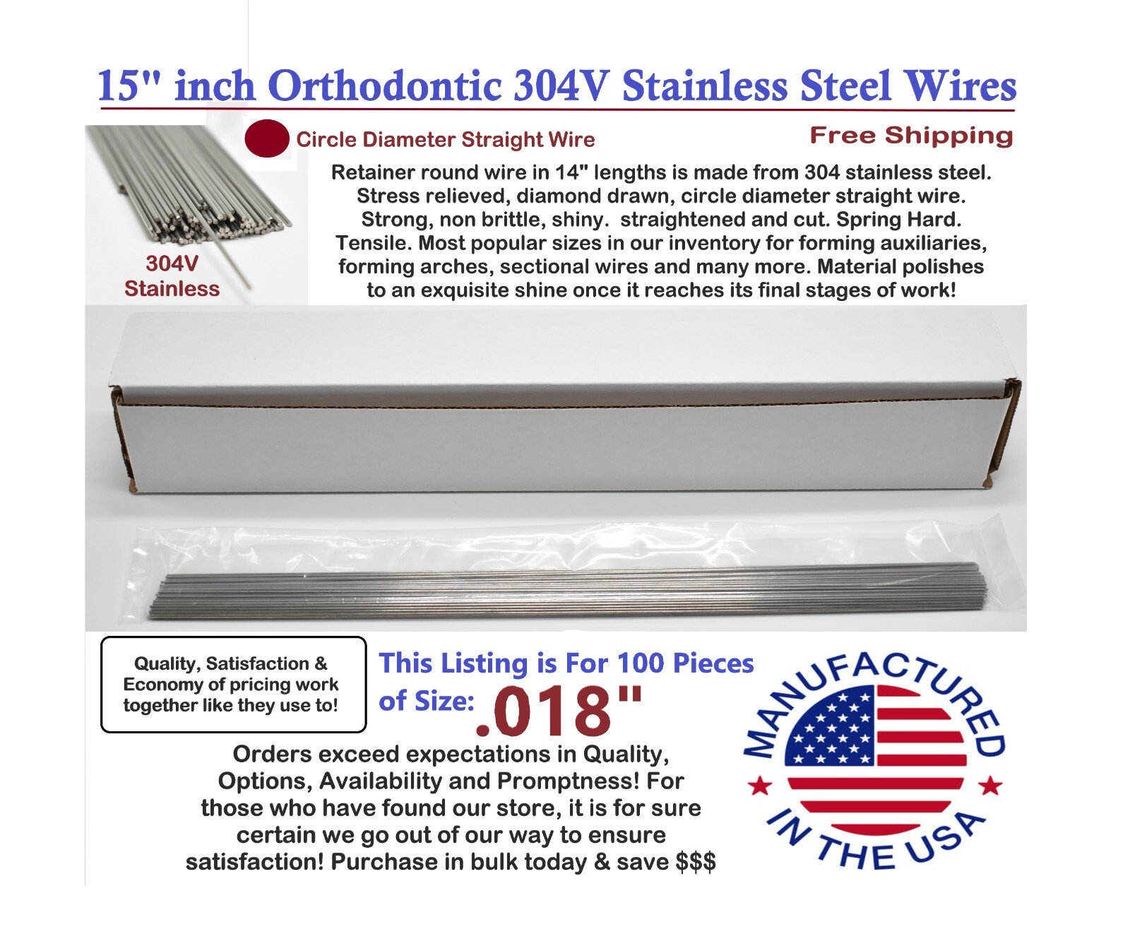 Orthodontic Stainless Steel Straight Lengths .018″ Wire SS 15» Lengths 100 Pack
