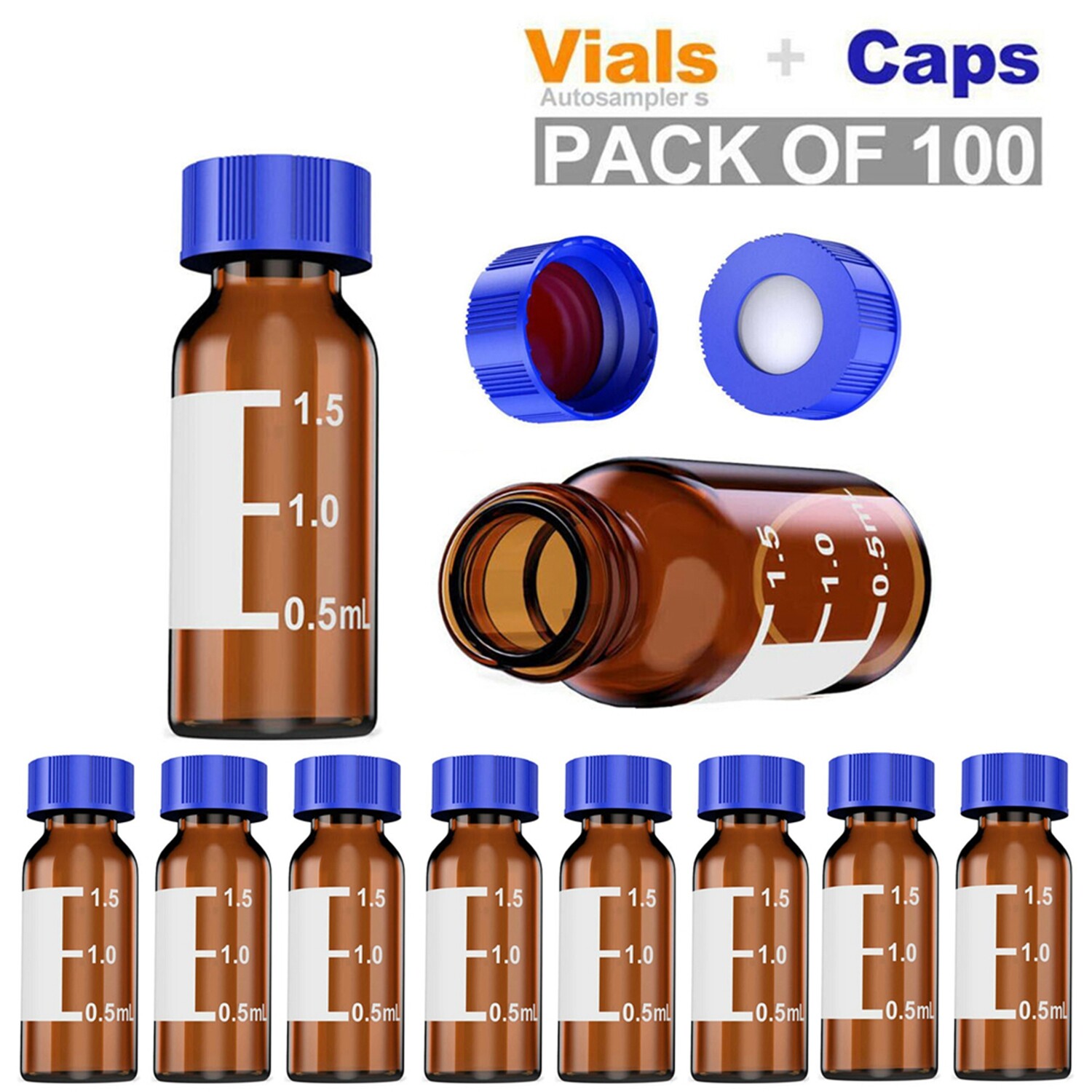 100 X 2ml Amber Glass Lab Vials with Caps 9-425 Thread Top, Fit HPLC Autosampler