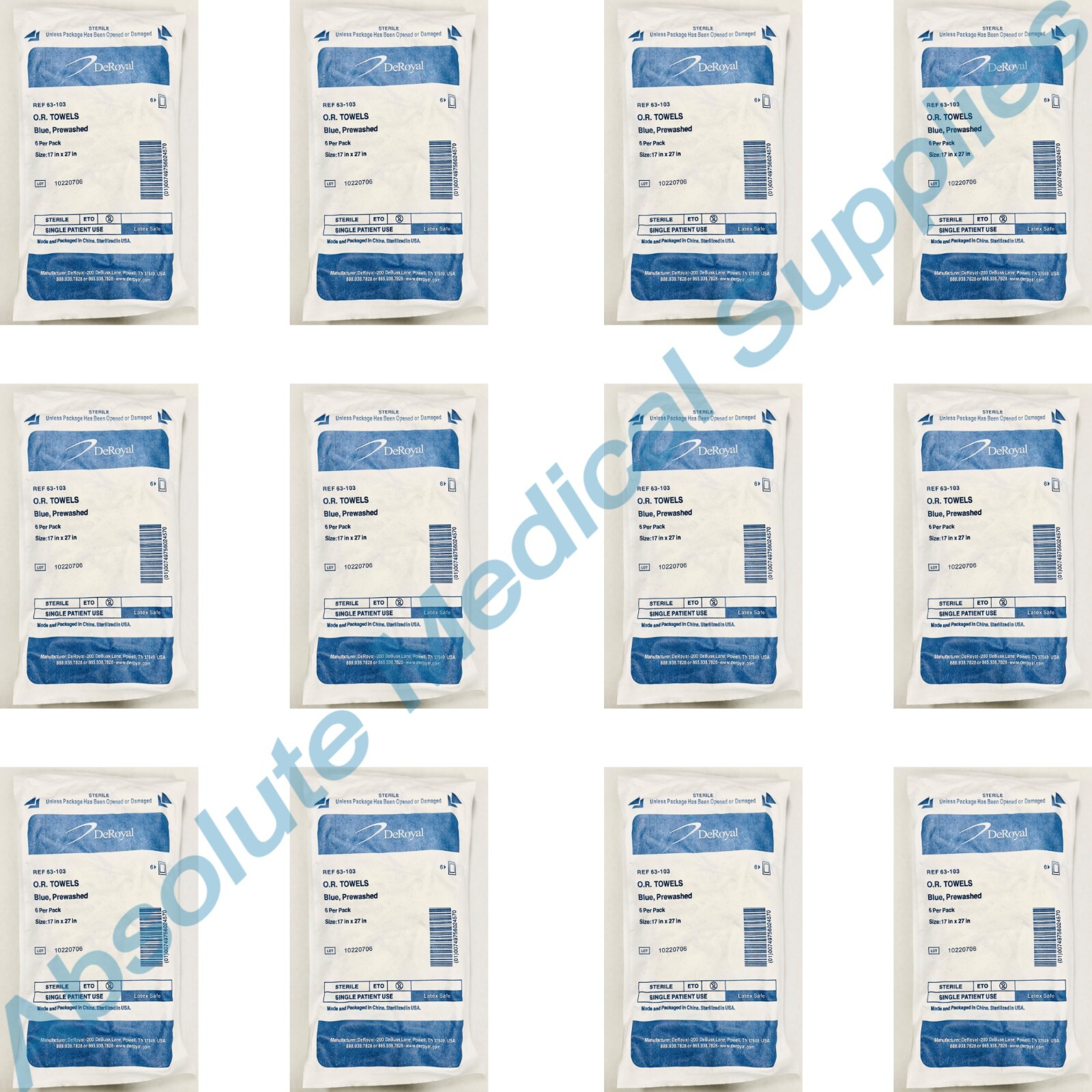 *12-Pack* DeRoyal Sterile Blue O.R Towels Prewashed 17″ x 27″ Blue 63-103