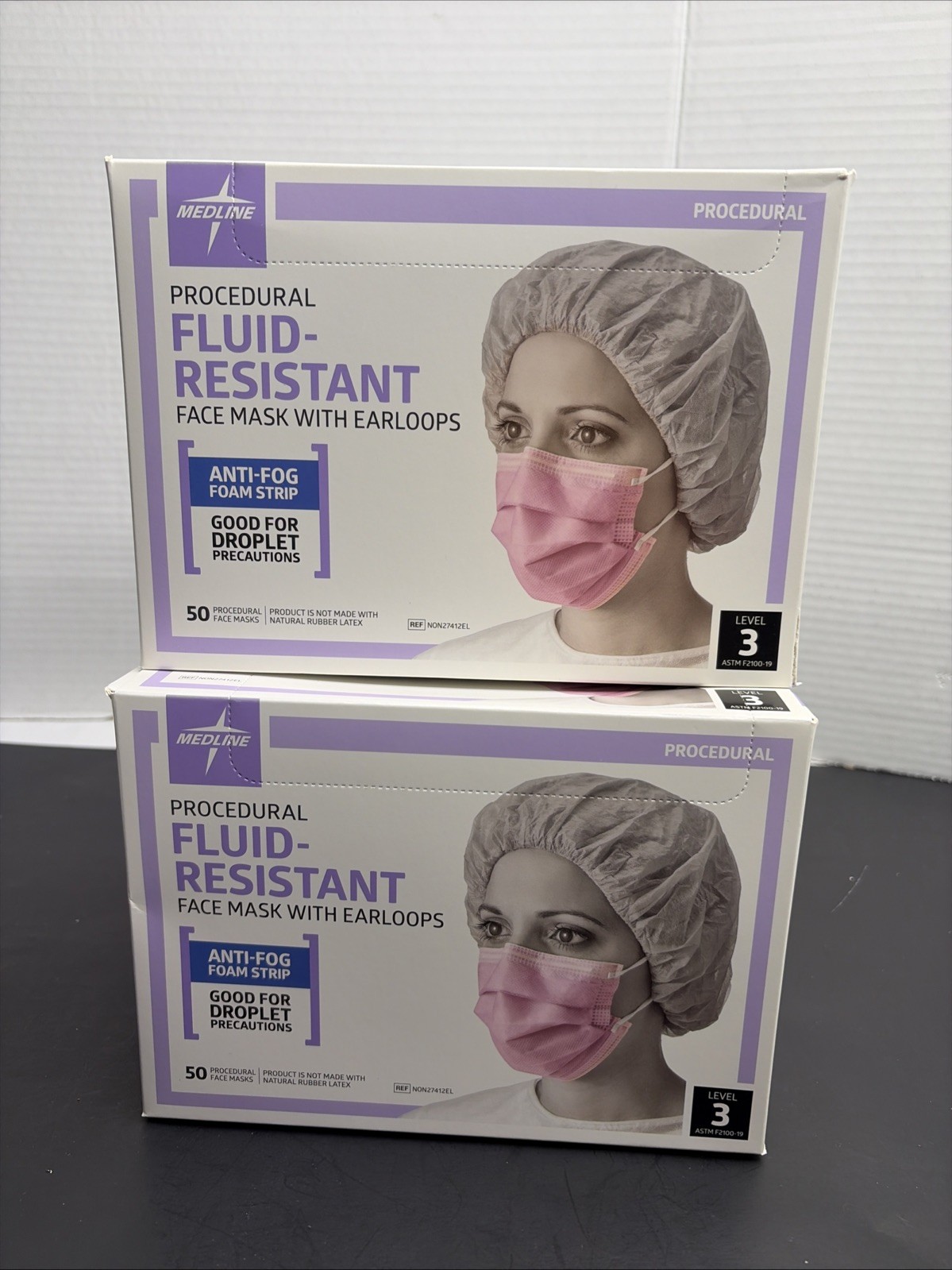 2 pack Medline Procedural ASTM Level 3 Procedure Face Mask, Ear Loops, Box of 50
