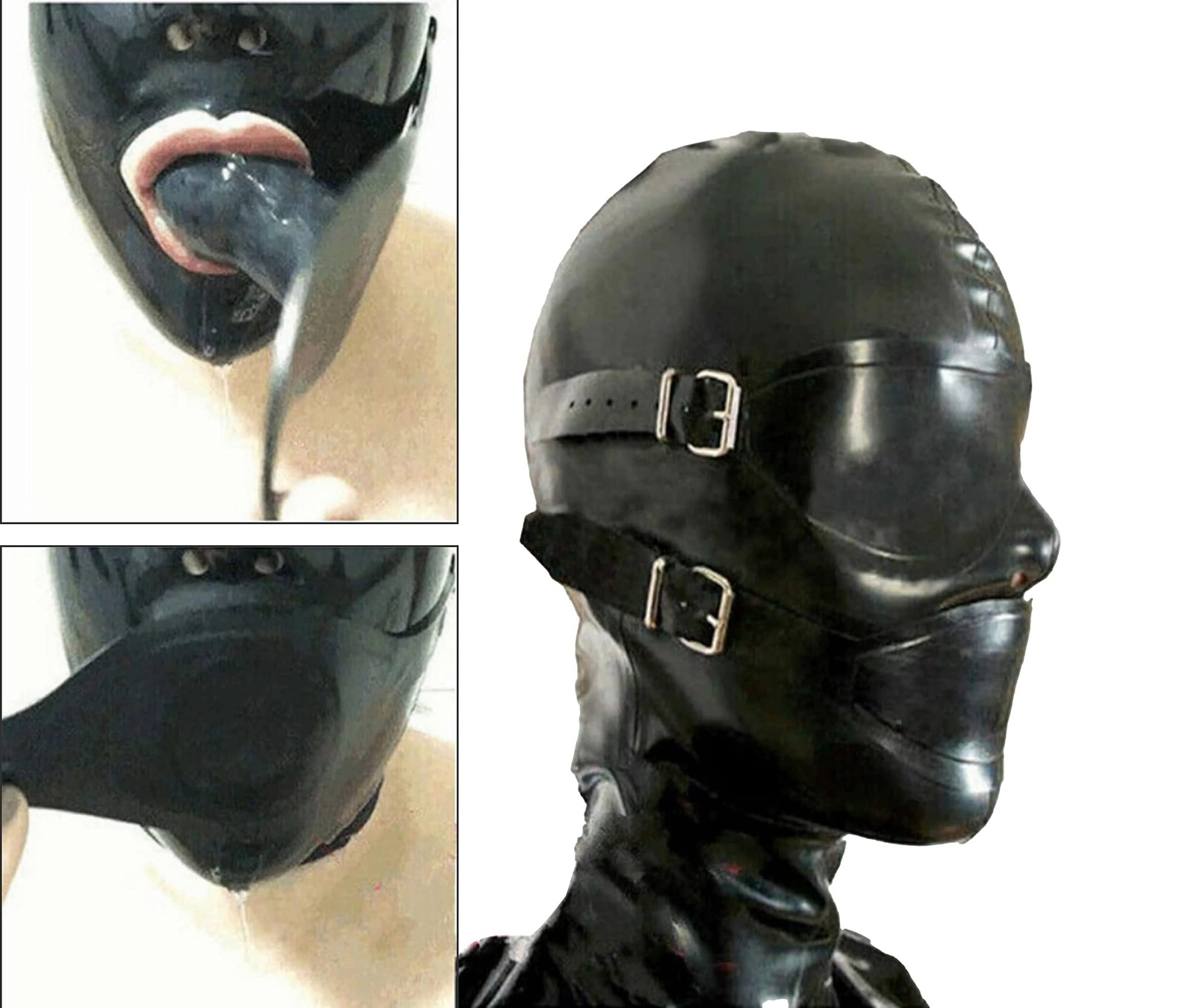 Latex Hood with Mouth Plug and Eye Patch, Full Rubber Head with Zipper for Un…