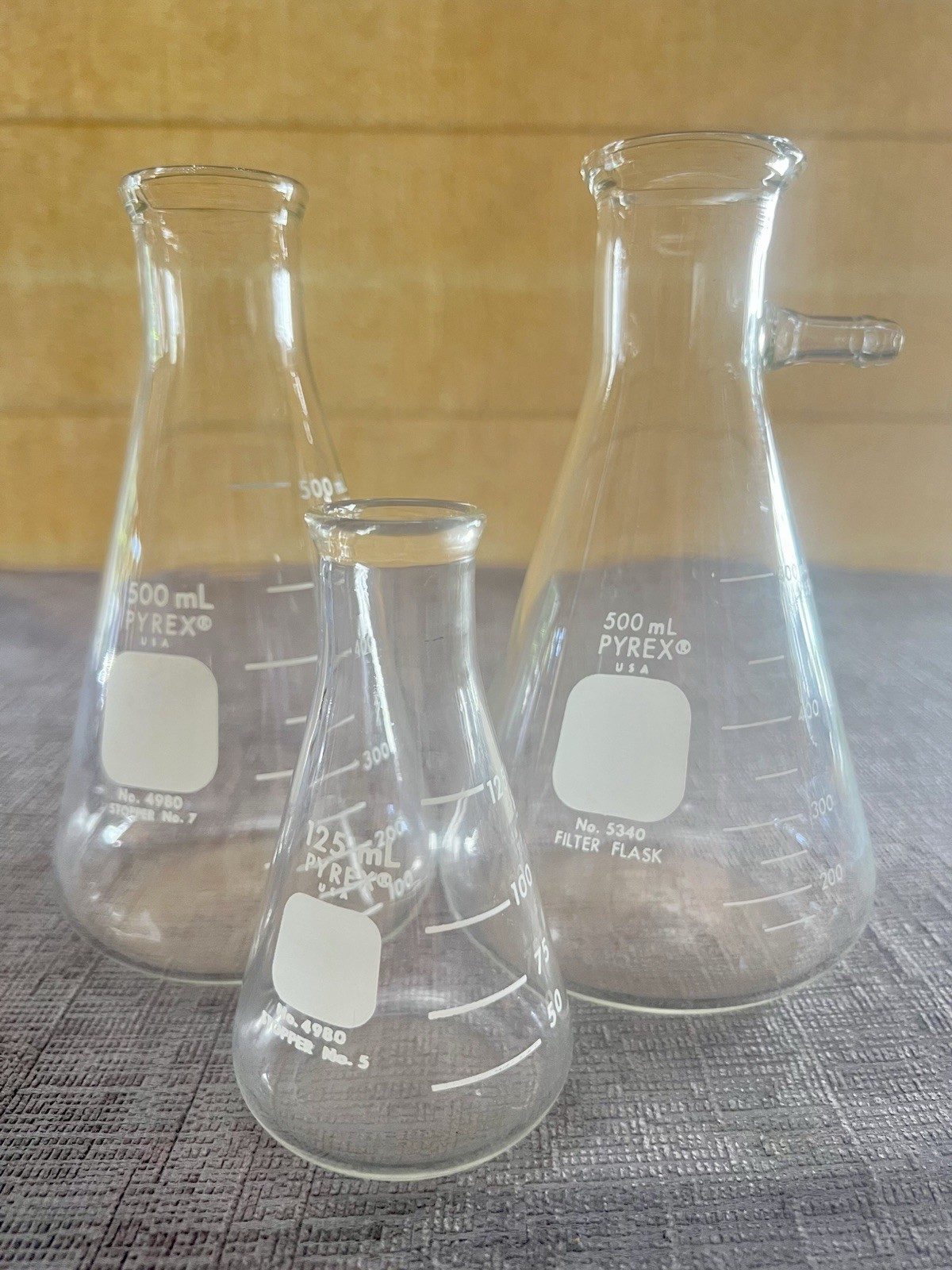 Lot of 3 Vintage Pyrex Glass Lab Flasks 500mL 125mL Erlenmeyer & Filter Flask
