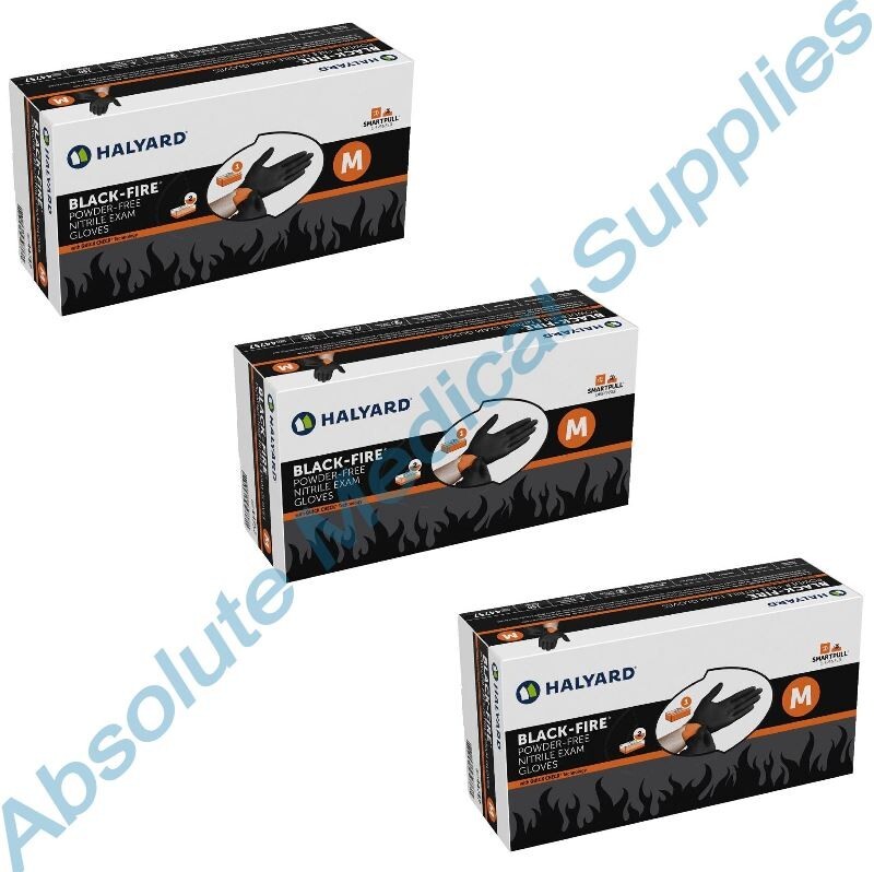 *450-Pieces* Halyard Black-Fire PF Nitrile Medical Exam Gloves Medium 44757