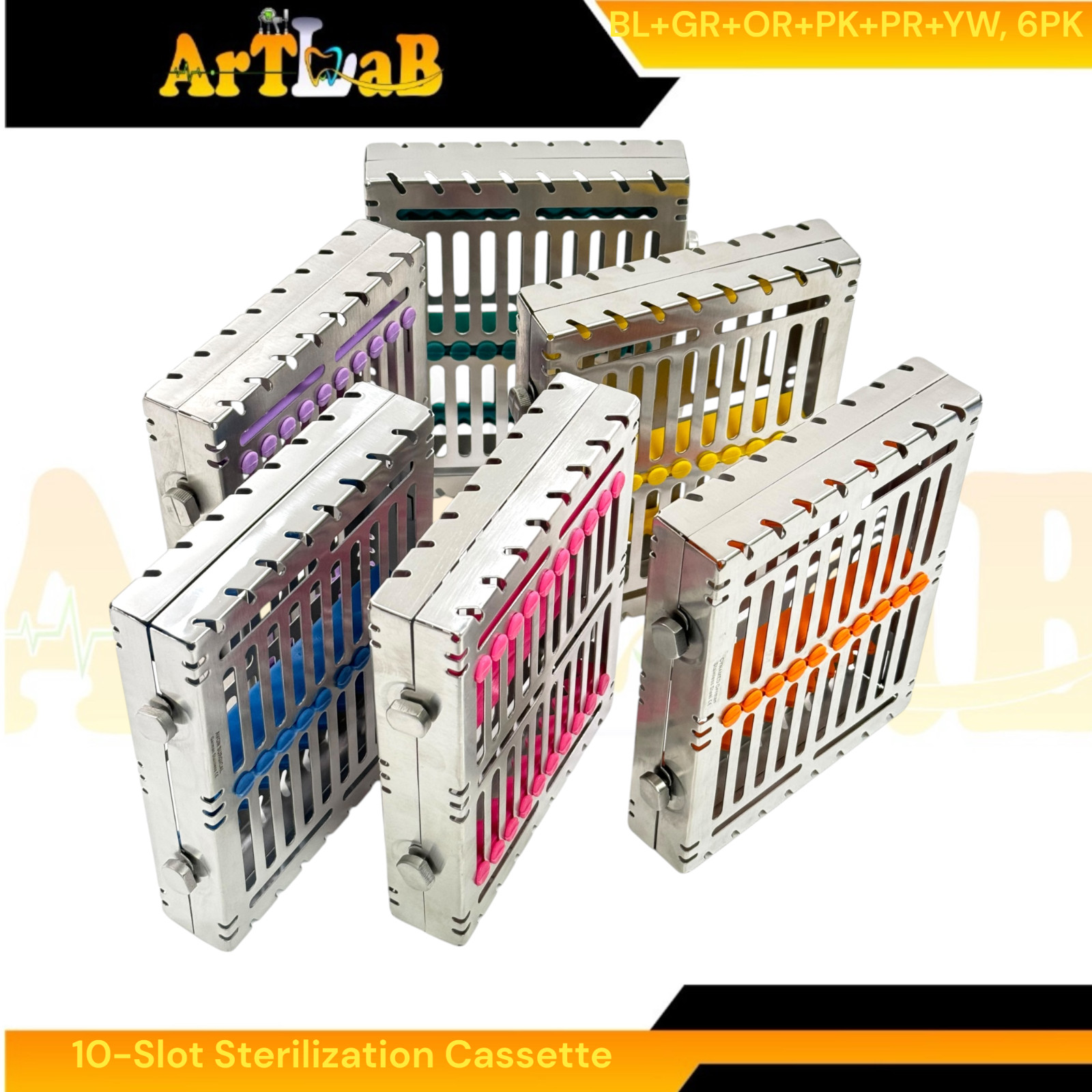 6 Count – Sterilization Cassettes for 10 Instruments, Detachable, 2-Button Lock
