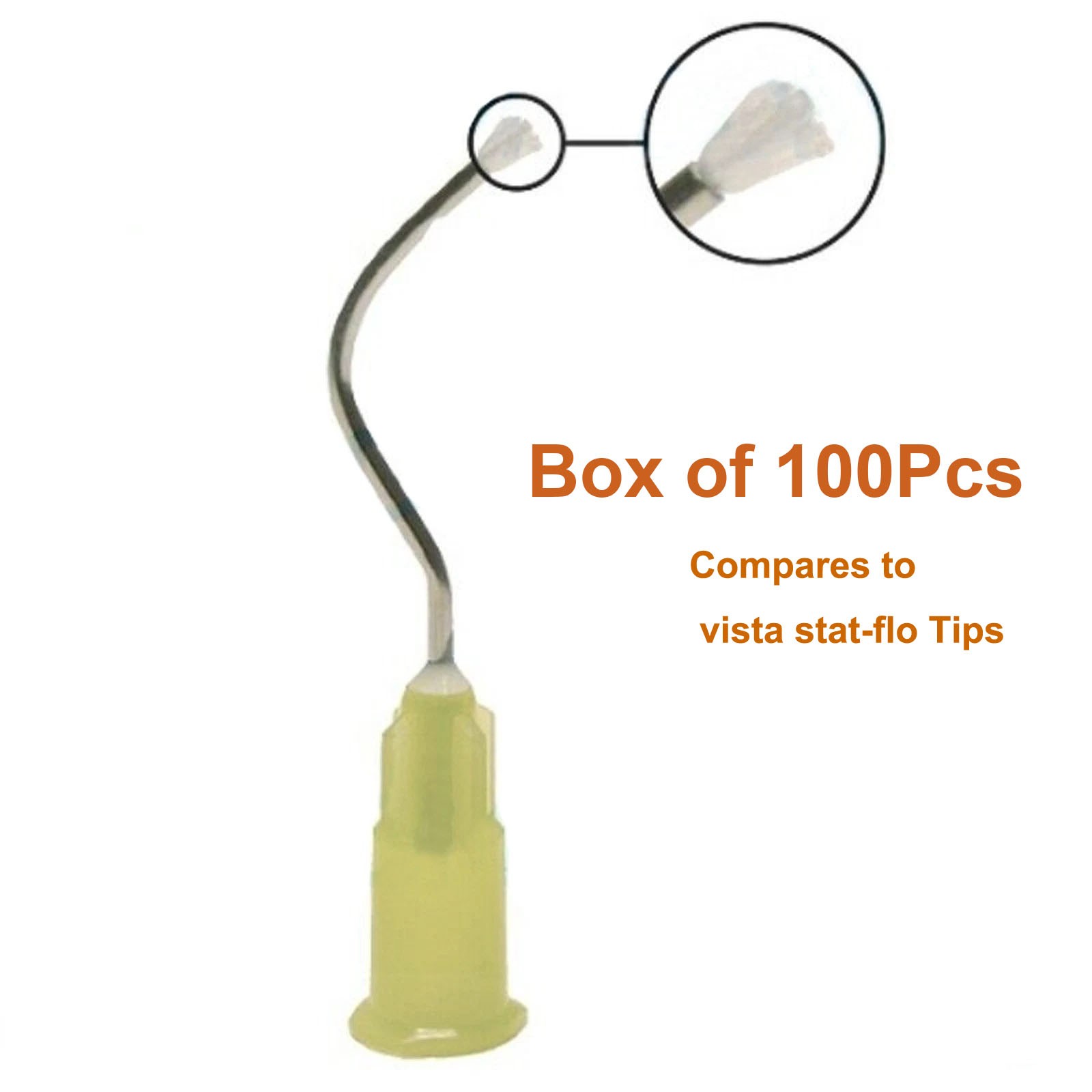 500Pc Dental Delivery Tip Prebent Metal Infusor Tip Brush Padded End 19GA Yellow