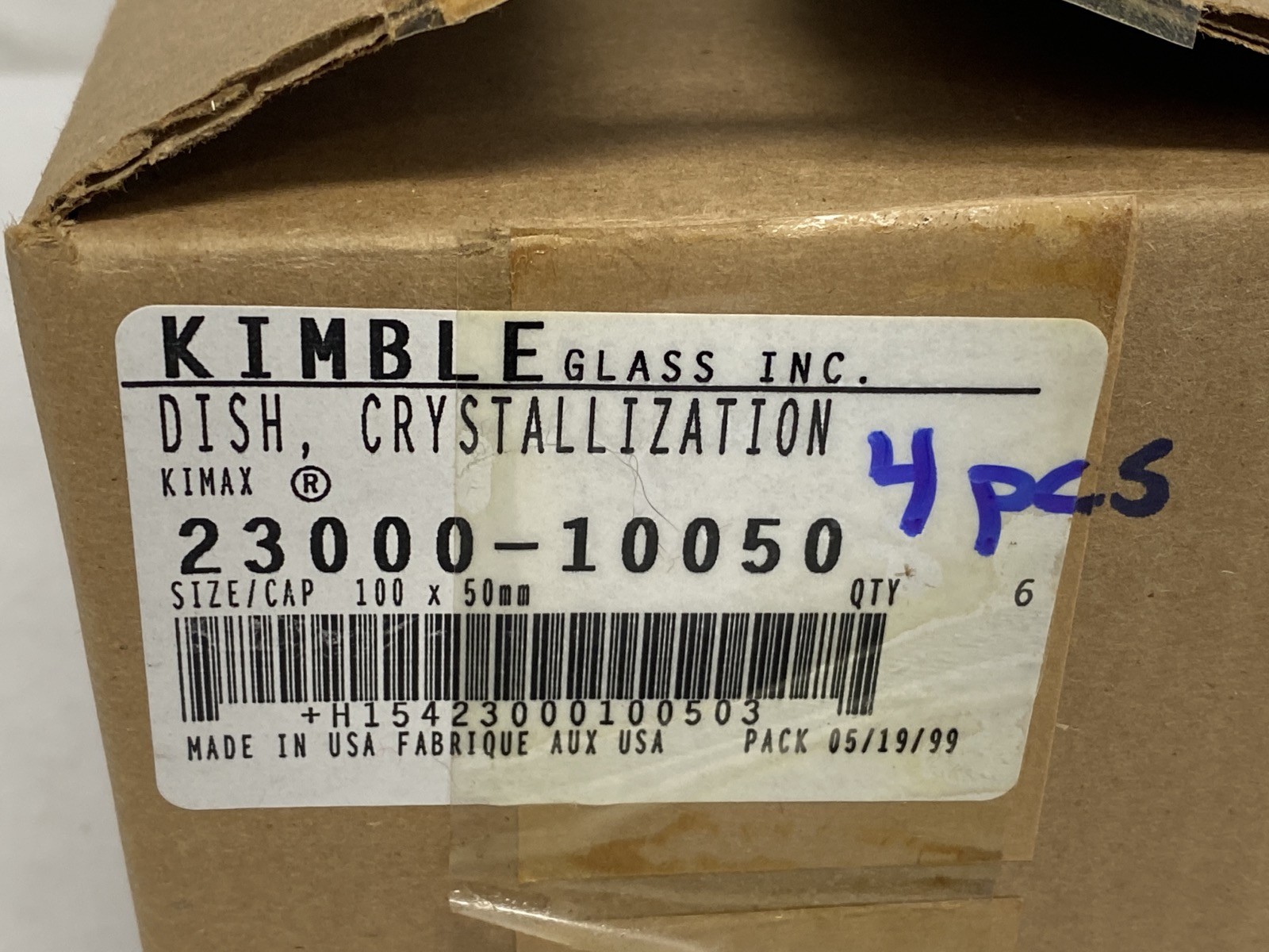 New (4) KIMAX Glass 100x50mm 340mL Crystallizing Dishes 23000-10050