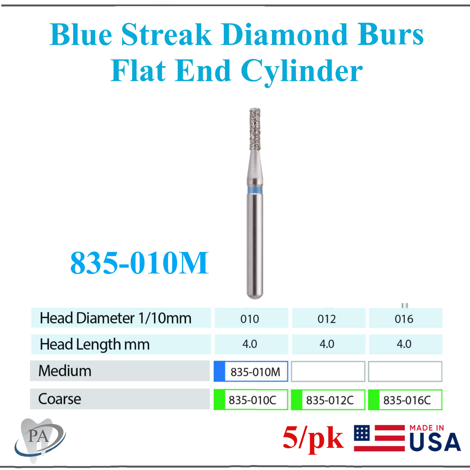 Blue Streak Dental Diamond Burs Flat End Cylinder Coarse, Medium 835.010, 5/Pk