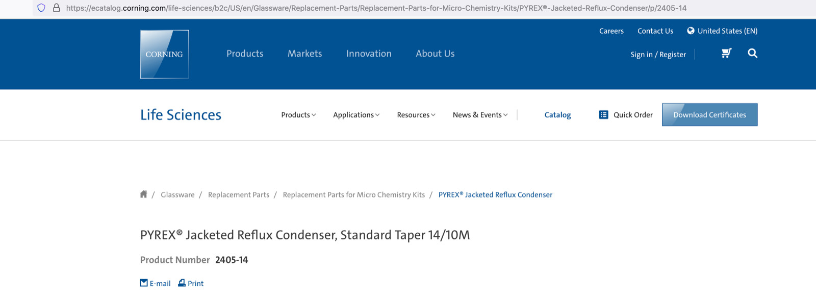 Reflux Condenser Jacketed PYREX, 2 pc, Standard Taper 14/10M, Cat # 2405-14 Kits