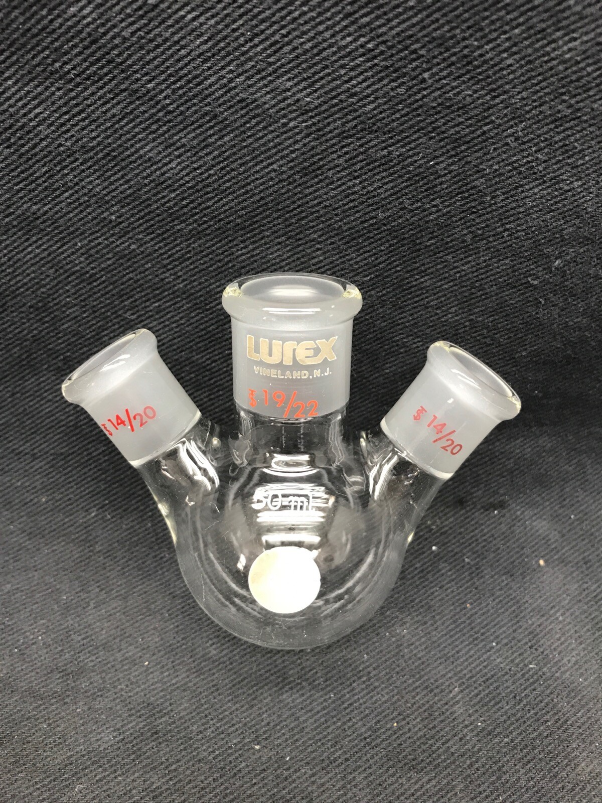 LUREX Glass 50mL 3-Neck Vertical Round Bottom Distilling Flask 19/22 14/20
