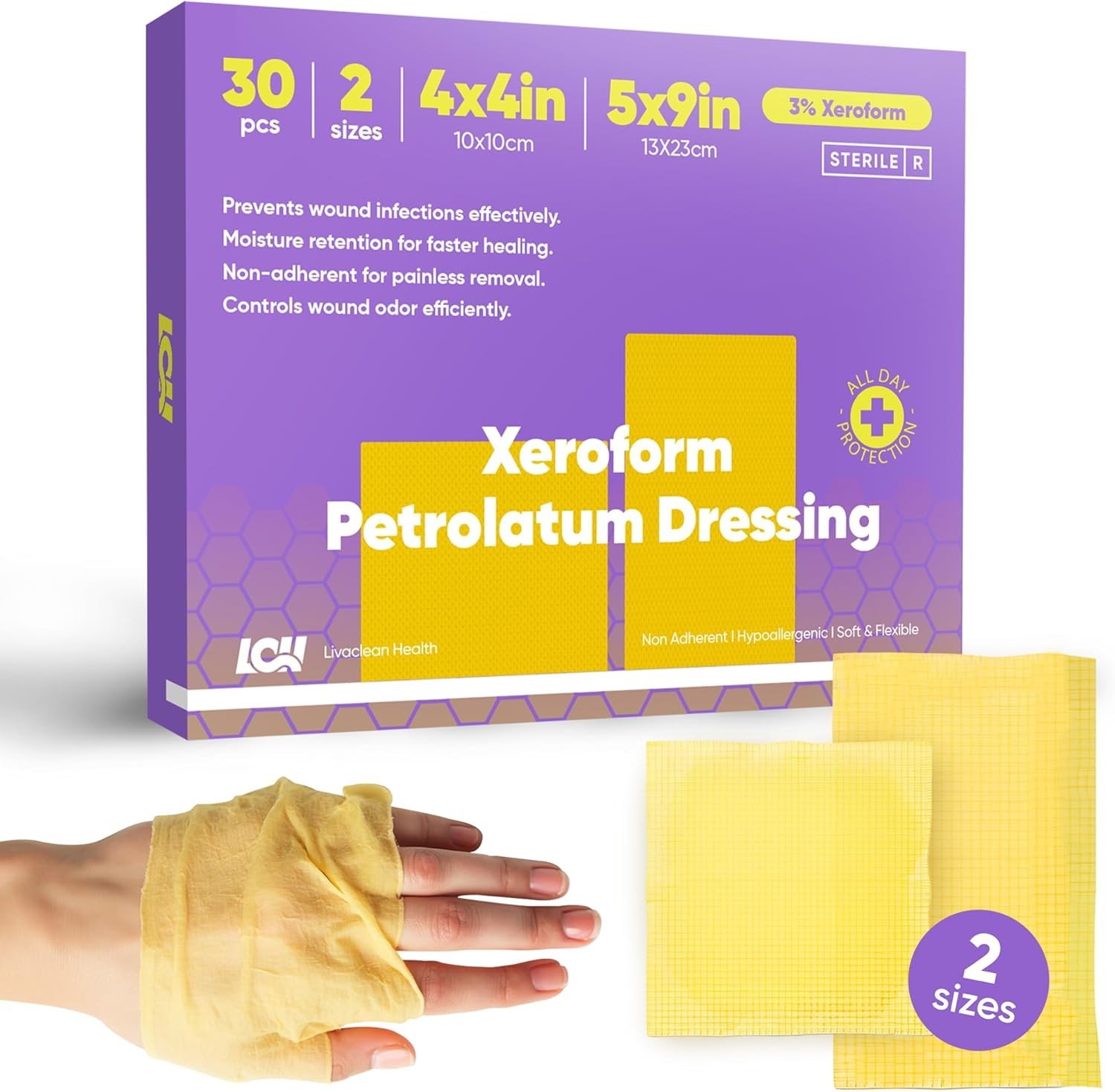 30 CT Xeroform Petrolatum Dressing – Non Stick Gauze Pads – 4″ 5″x9″ & 4″x4″