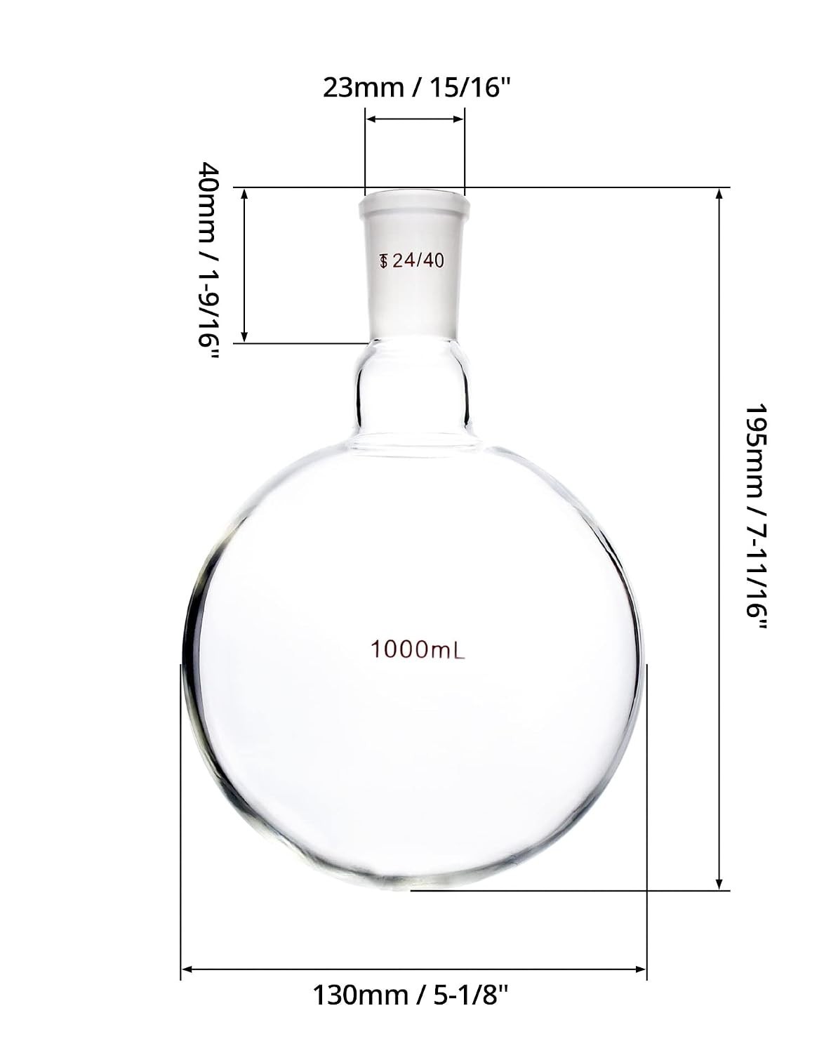 1000mL Round Bottom Boiling Flask 24/40 Single Neck Borosilicate Glass Flask Lab