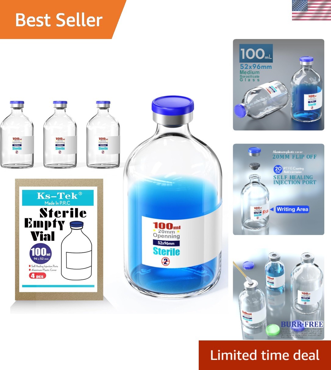 Sterile Empty Vials with Self Healing Injection Port,with Flip Off Aluminum C…