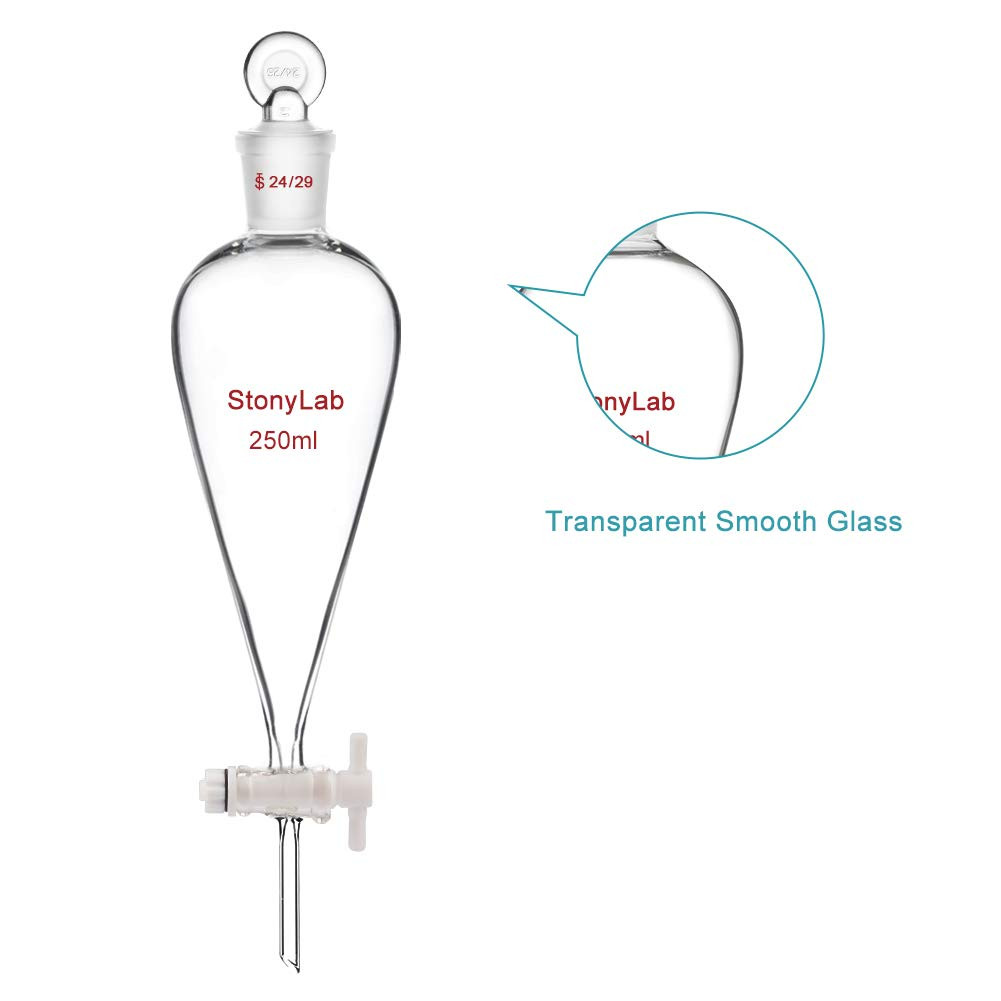PTFE Stopcock Separatory Funnel 250Ml, Borosilicate Glass Heavy Wall Conical Pea