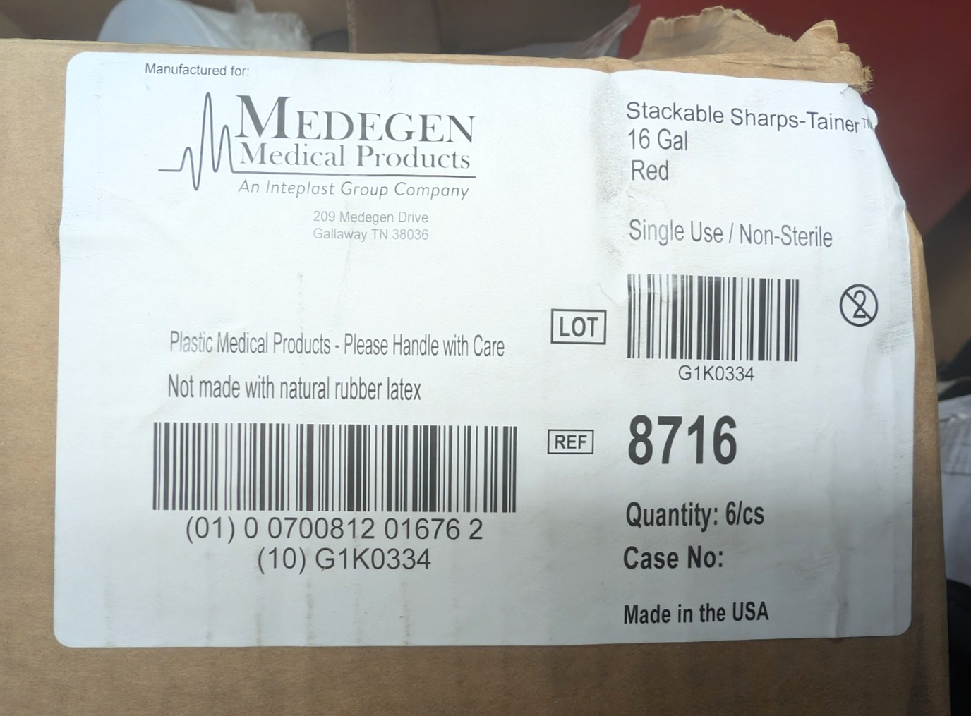 Medegen Medical 8716 Stackable Sharps-Tainers Container w/Lid 16Gal Red Lot of 6