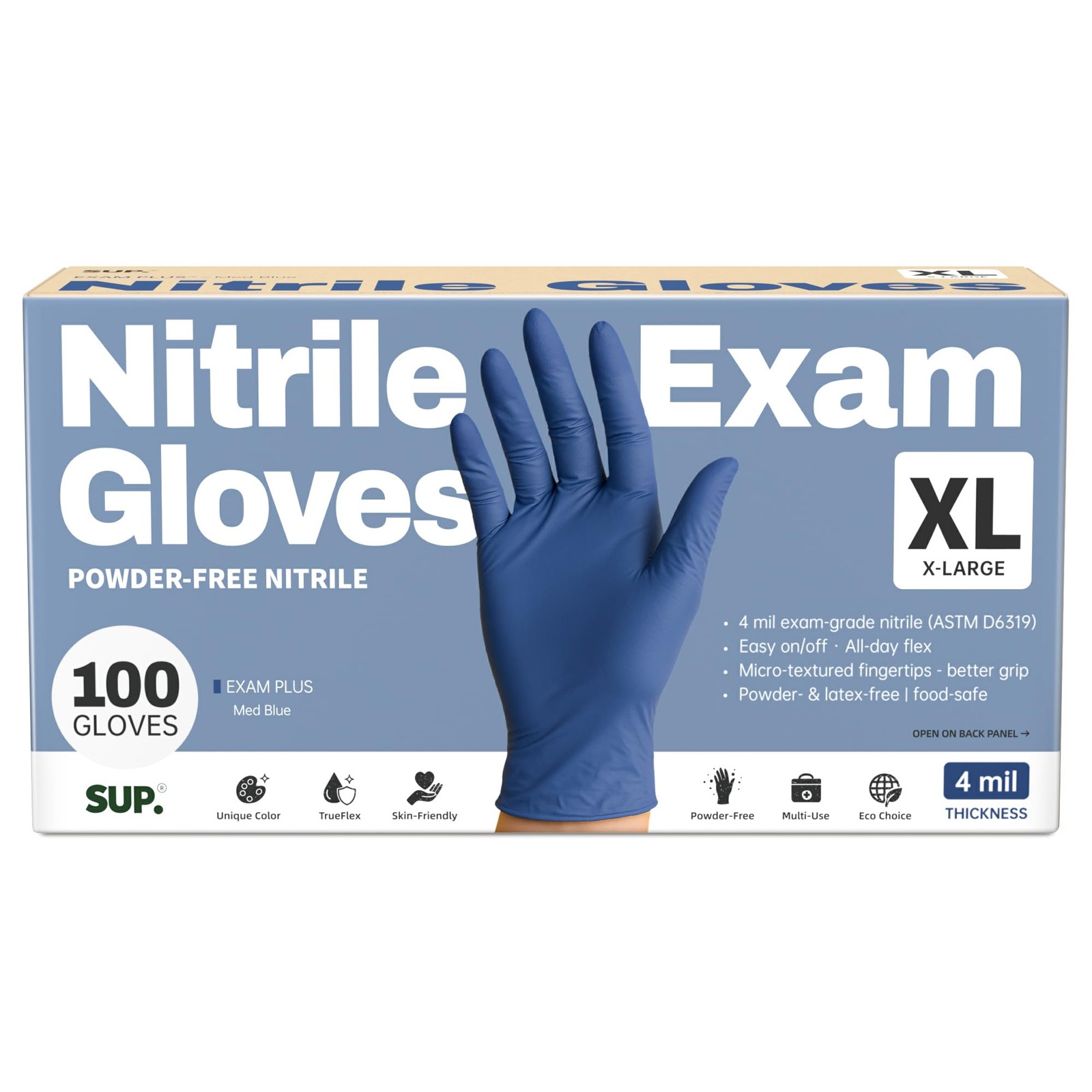 SUP Powder-Free Nitrile Exam Gloves, 100 X-Large, 100 X-large (Med Blue)