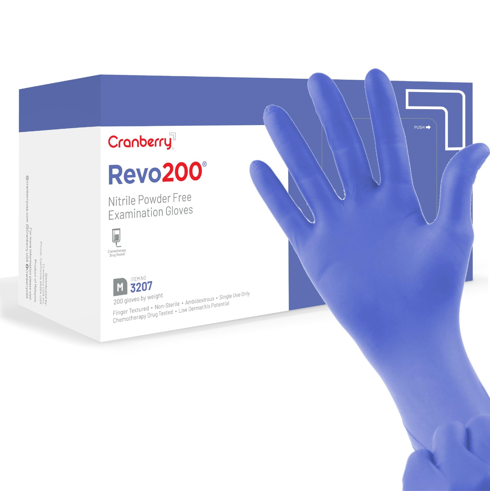 Cranberry R200 Blue Nitrile Exam Gloves, Pack of 200, Medium, 3.0 Mil