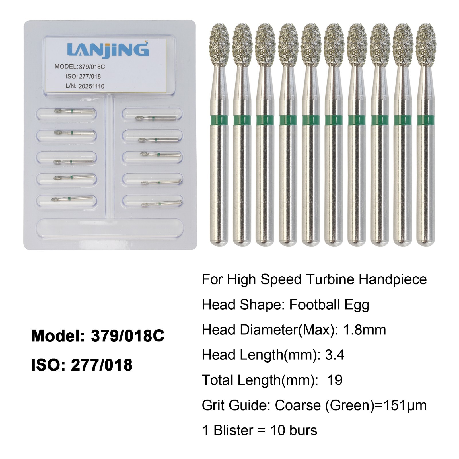 Dental Diamond Burs FG Egg Football Bur Coarse 379/018C High Speed Friction Grip