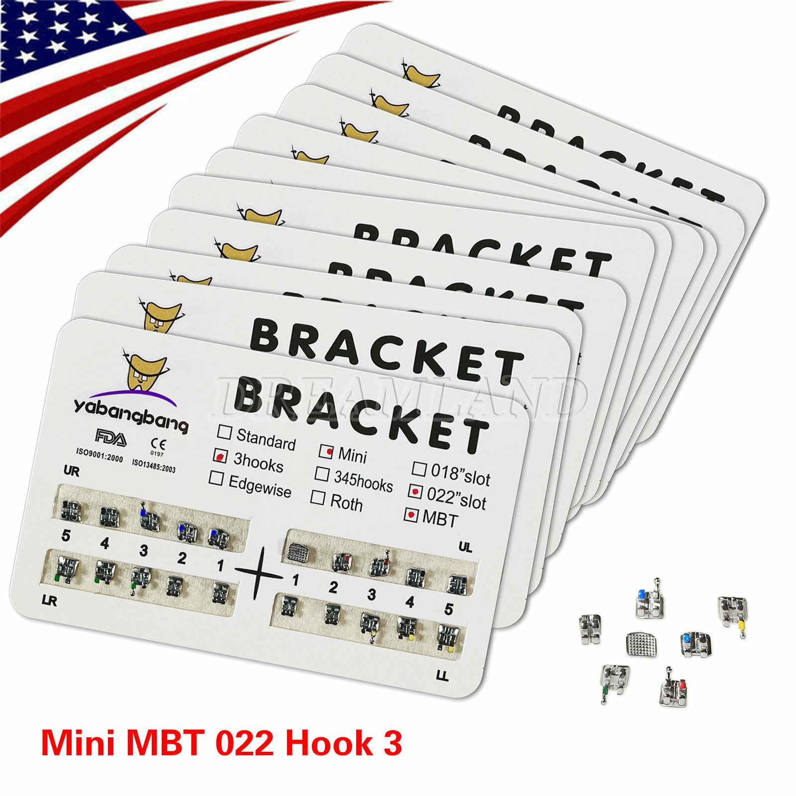 10 Packs Dental Orthodontic Metal Braces Brackets Mini MBT 022″Slot 3 Hooks YBB