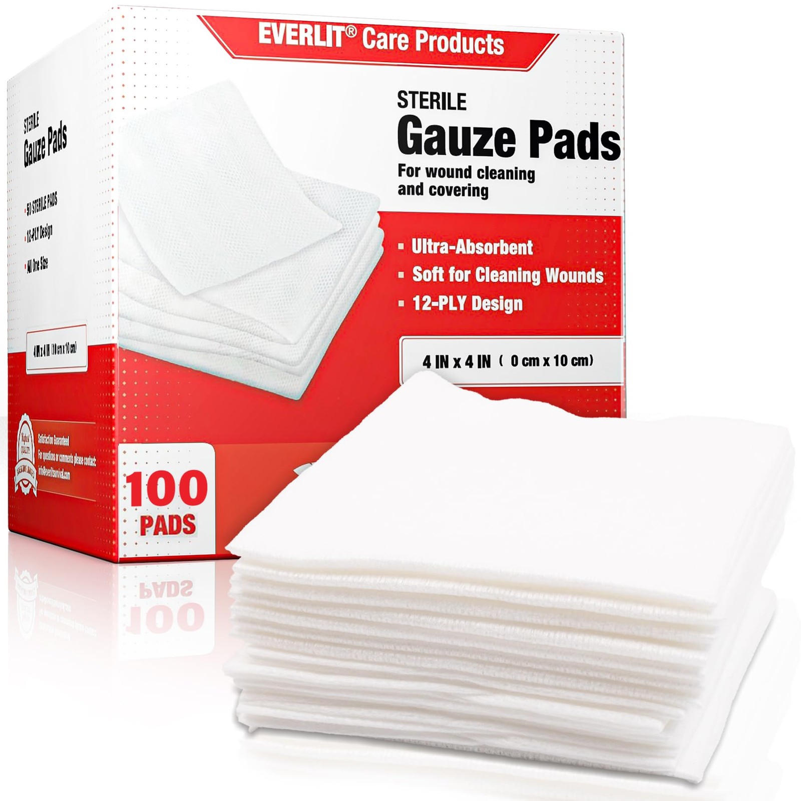 EVERLIT [Extra-Thick] 4»x4» Sterile Gauze Pad 12-Ply, 100 Count (Pack of 1)