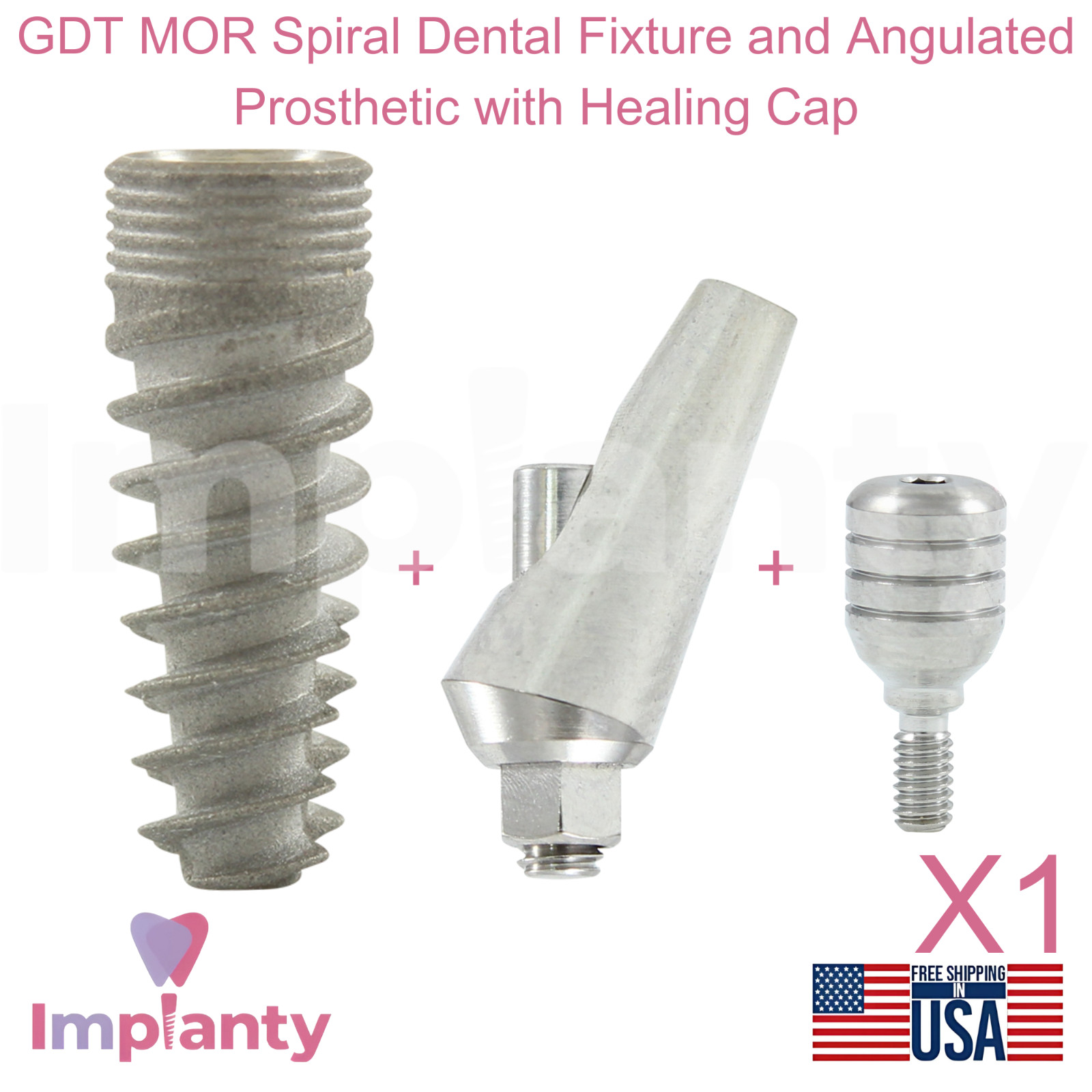 GDT MOR Spiral Dental Fixture and Angulated Prosthetic with Healing Cap SLA