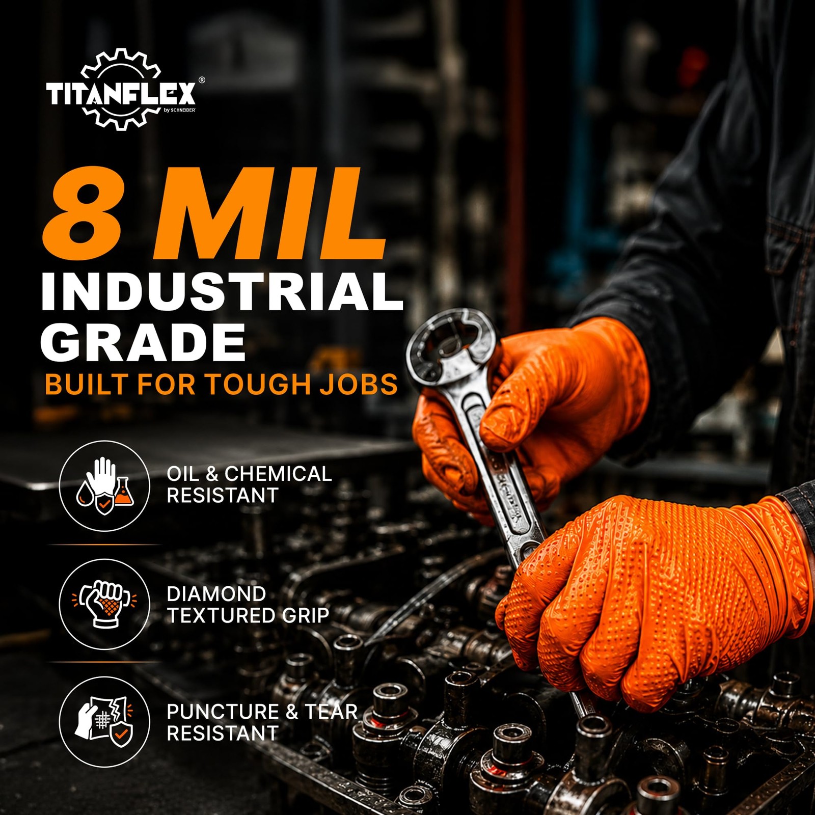 TitanFlex Heavy Duty Industrial Orange Nitrile Gloves, 8-mil, Gloves Disposab…