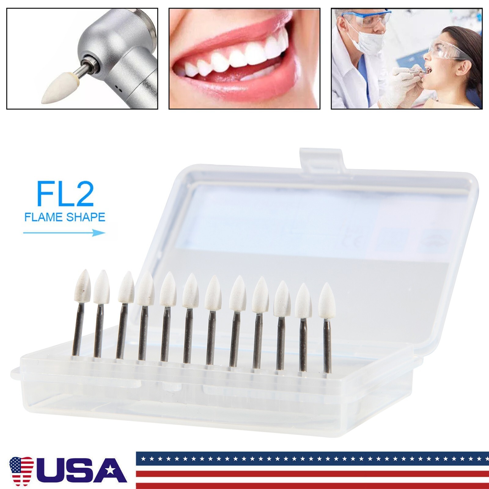 12pcs Dental Flame White Stone Polishing FG Burs Fl2 Abrasion Point Bur SANDENT