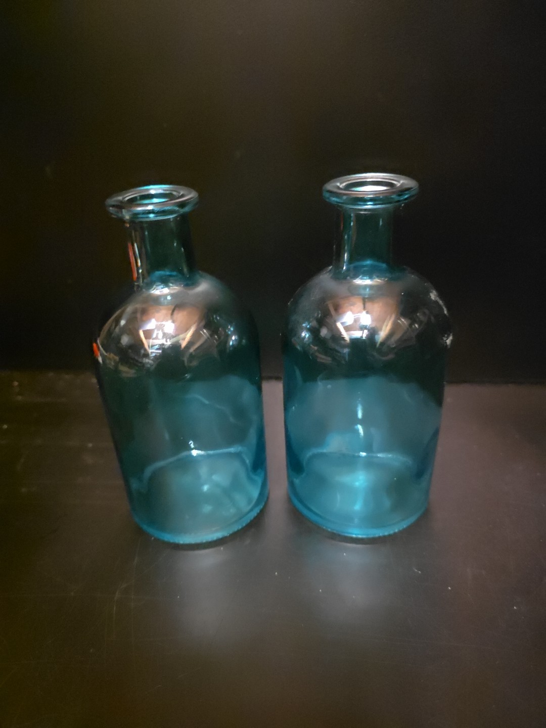Pair Vintage Aqua Blue Glass Bottles Decorative Apothecary Bud Vases Textured 2p