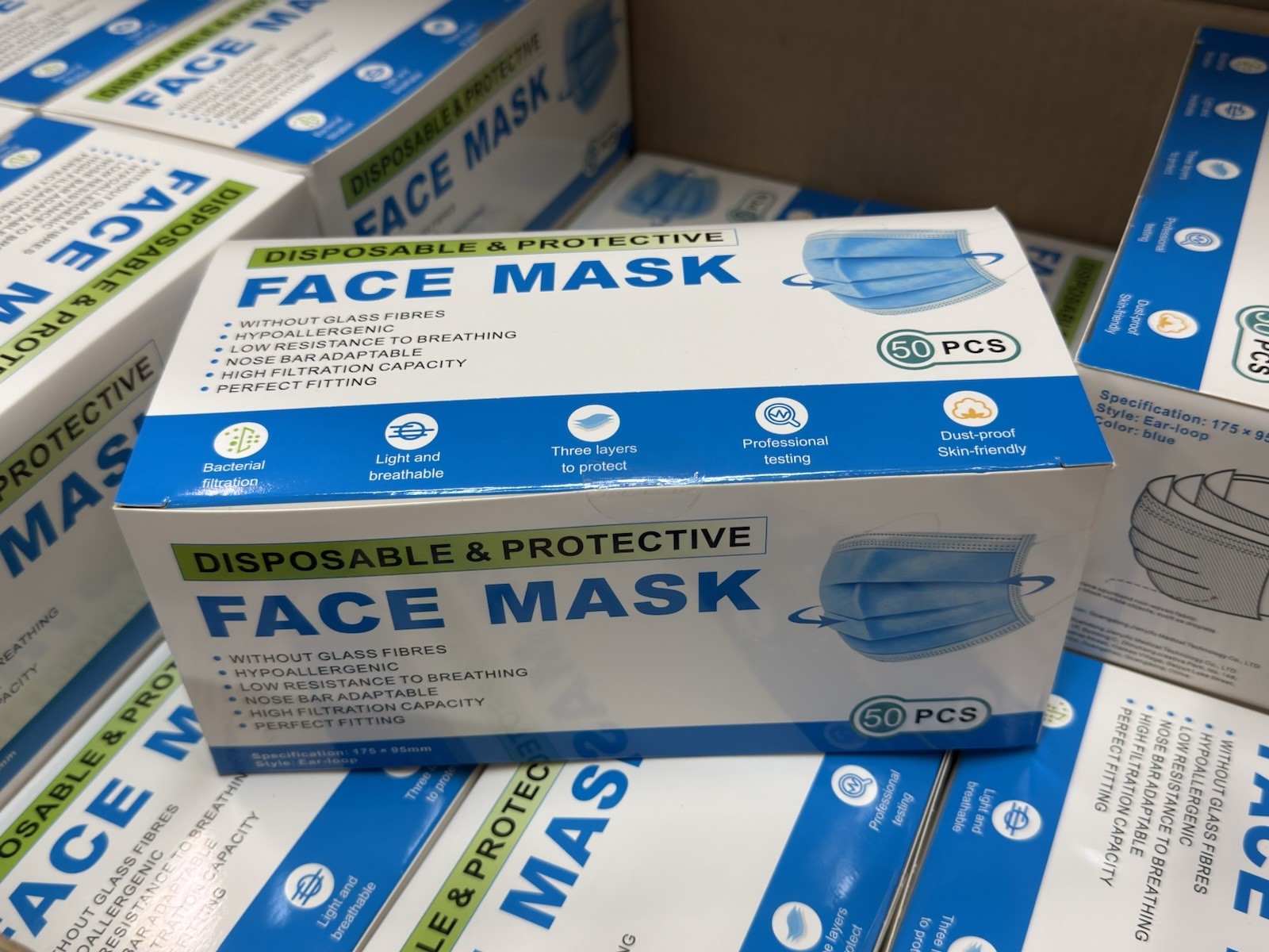 50 PCS Face Mask Medical Surgical Dental Disposable 3-Ply Earloop Mouth Cover