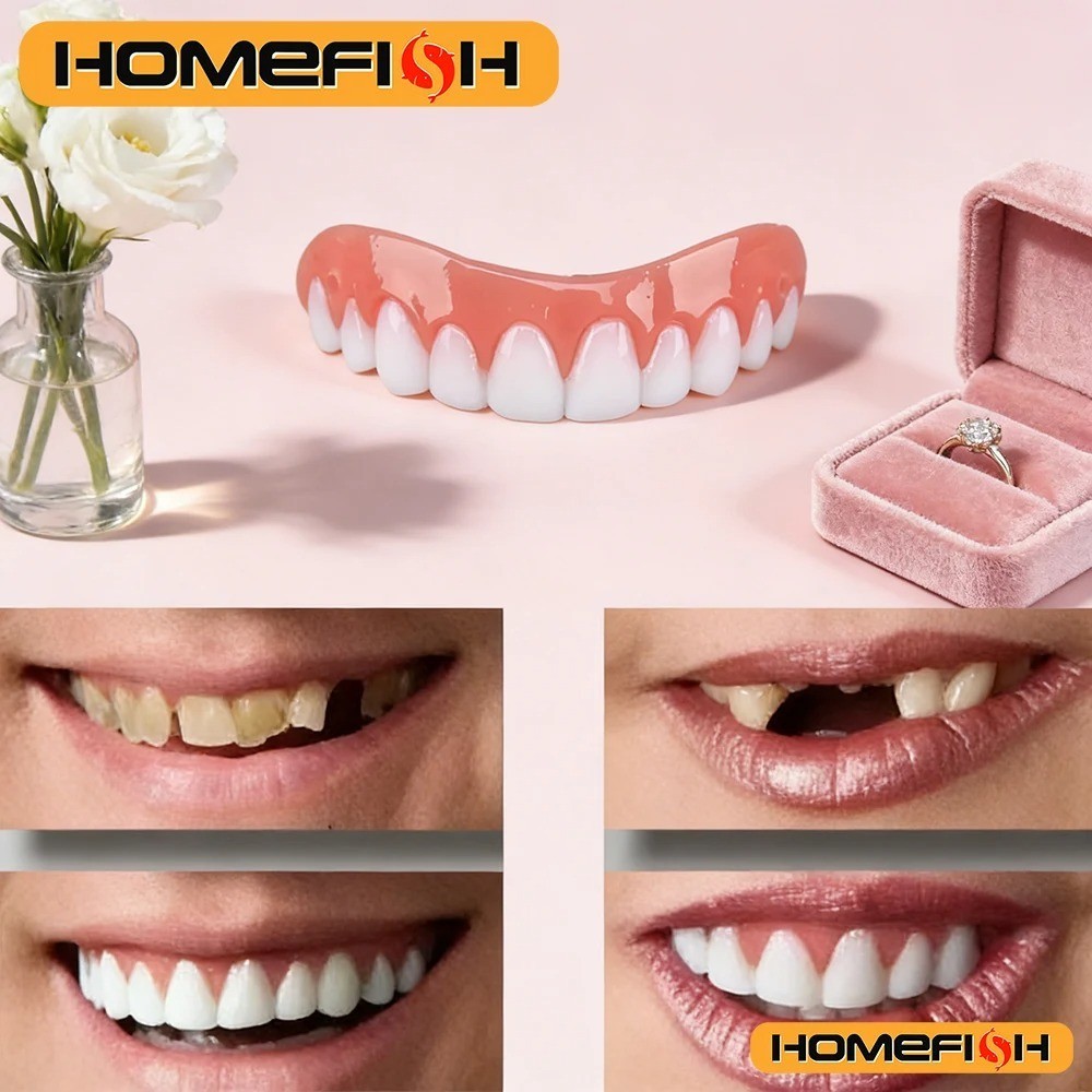 2x Silicone False Teeth Upper & Lower Smile Dental Veneers Dentures False Tooth