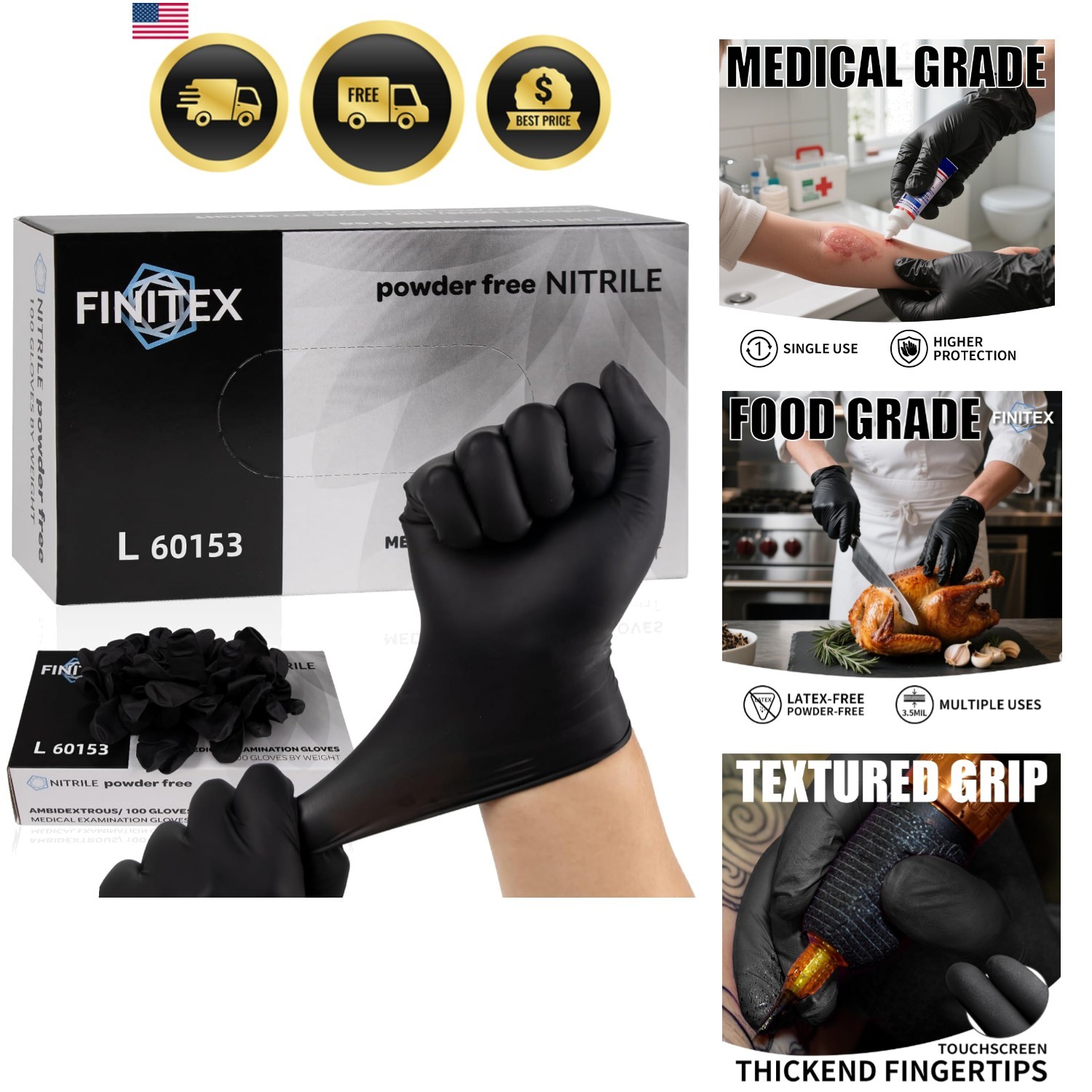 Nitrile Disposable Gloves – Black, 3.5mil, 100PCS, Powder-Free, Medical & Exa…