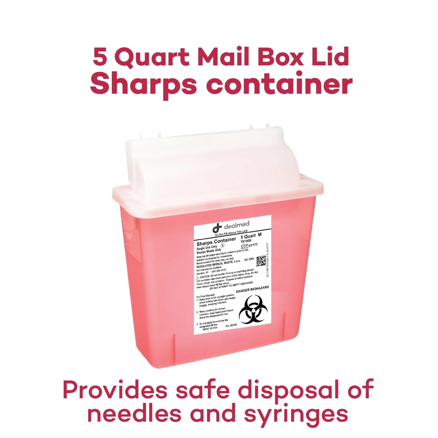 Dealmed Sharps Container 5 Quart Case Of 20 Mailbox Lid Puncture Resistant Red