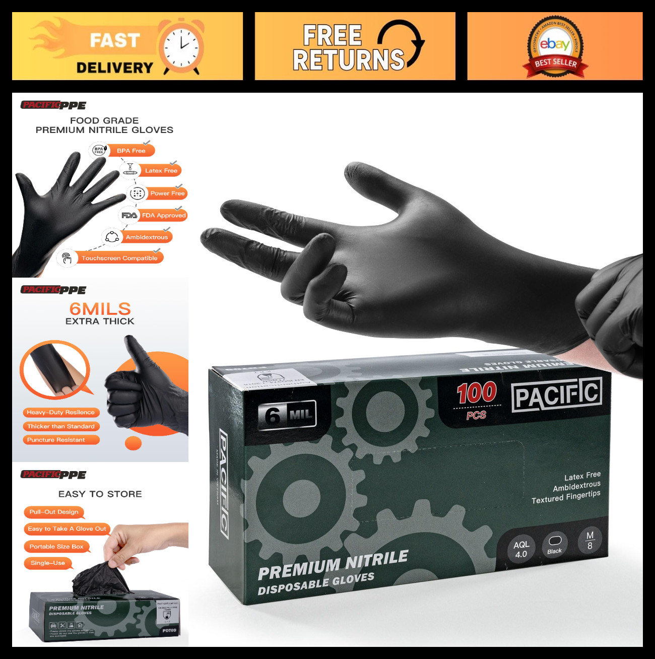 Heavy Duty Black Nitrile Gloves – 6-mil, Chemical Resistant, Food Safe, Latex Fr