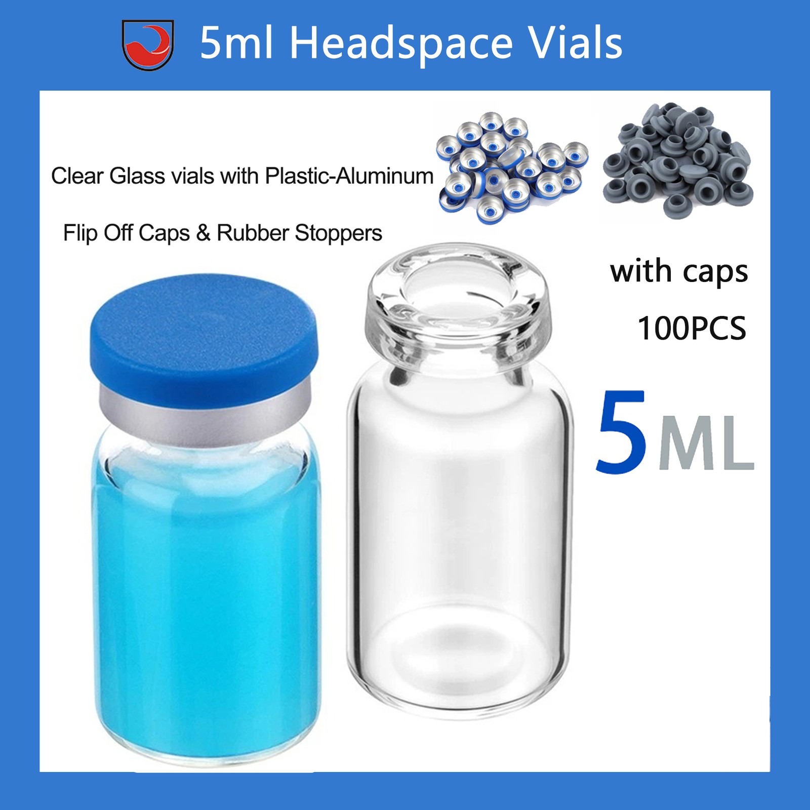 100PCS 5ml Headspace Vials Glass Vials w/ Flip Off Caps Sample Vials Lab Vials